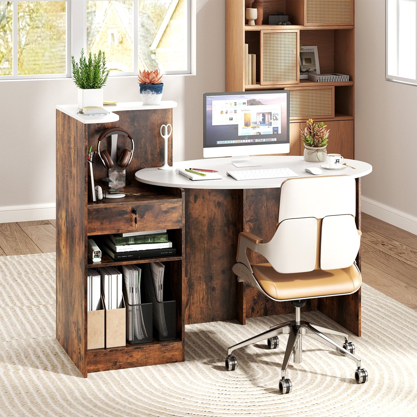 Modern Reception Desk Front Counter Desk with Oval Tabletop-Black
