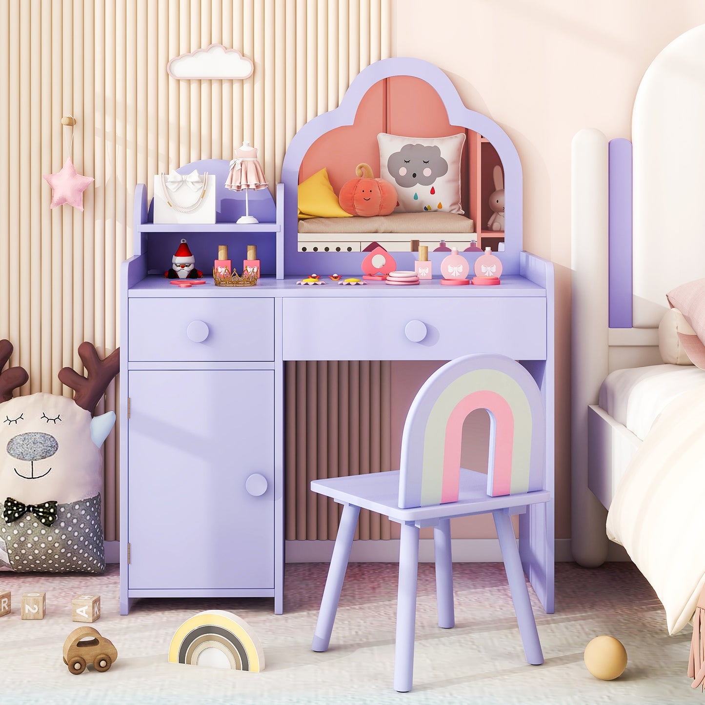 Kids Vanity Table and Chair Set with Cloud-shaped Mirror and Open Shelf-Pink