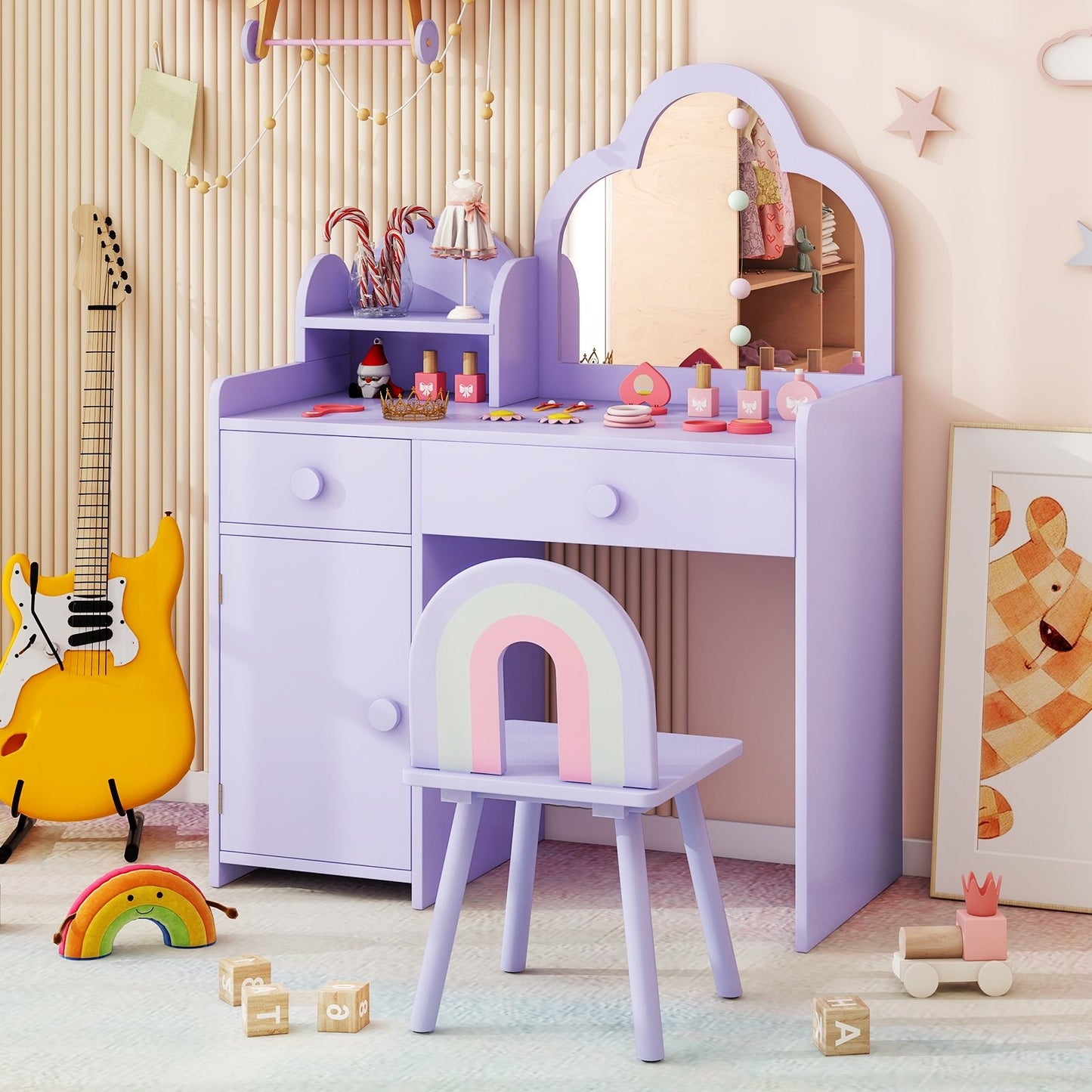 Kids Vanity Table and Chair Set with Cloud-shaped Mirror and Open Shelf-Pink