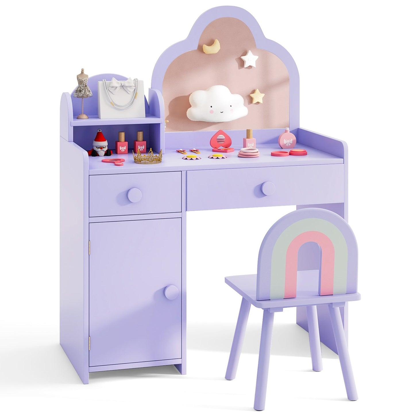 Kids Vanity Table and Chair Set with Cloud-shaped Mirror and Open Shelf-Pink