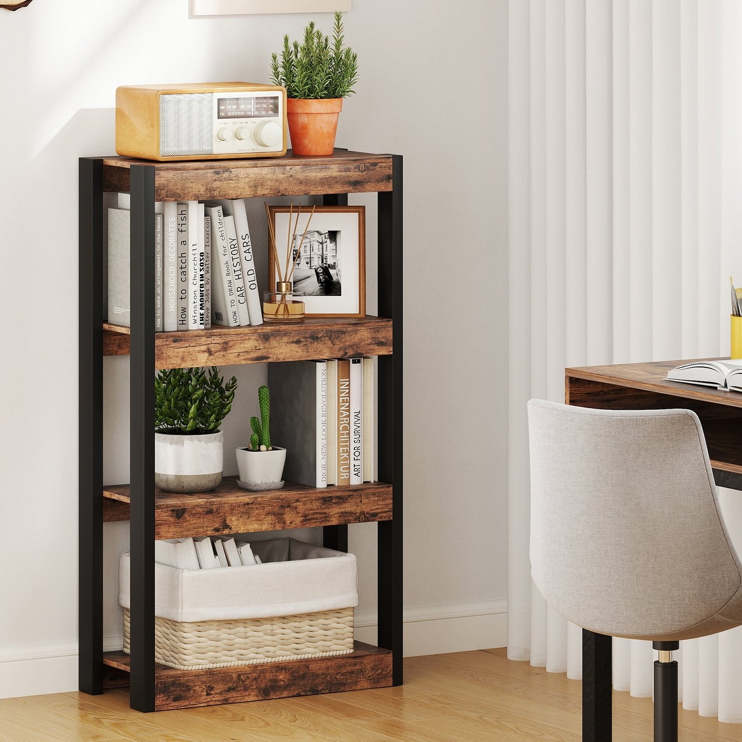 4 Tier Bookshelf Wooden Bookcase with Dual Anti-Tipping Kits-Natural