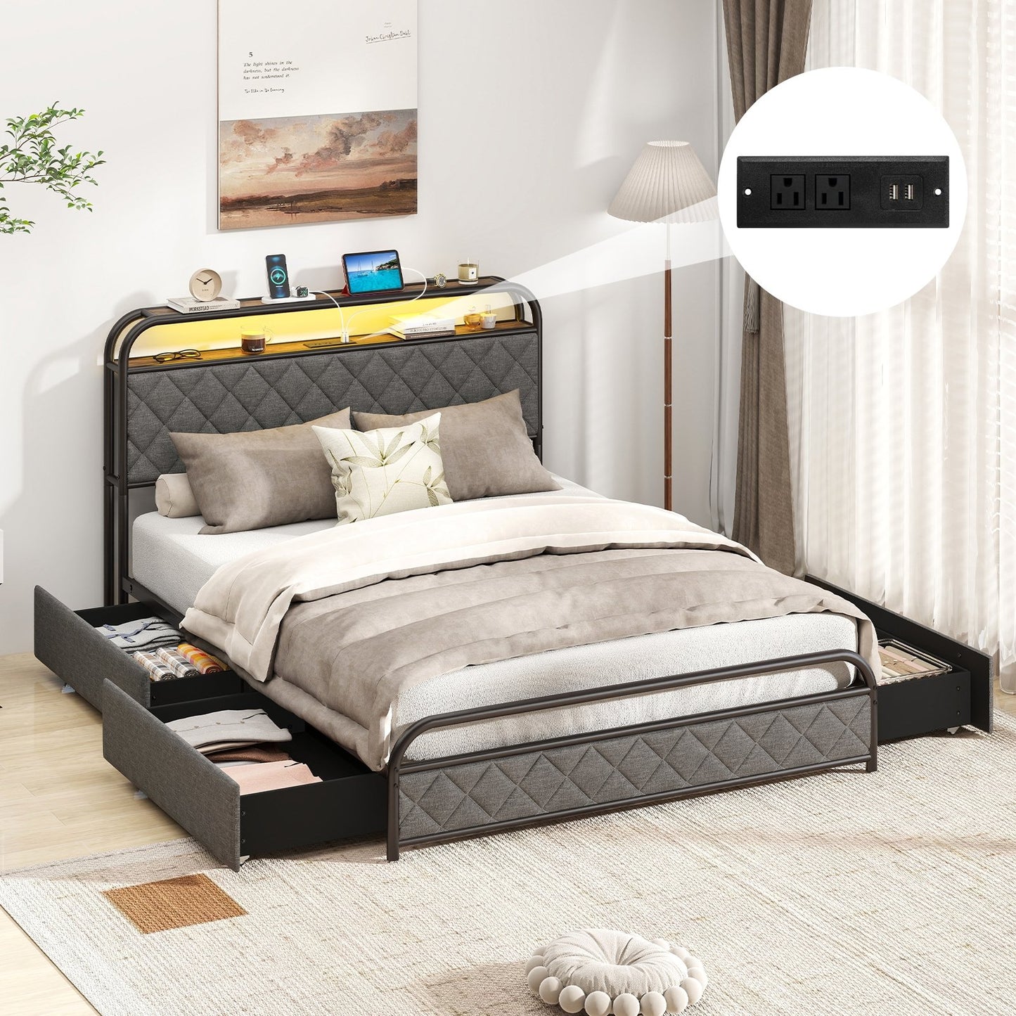Twin/Full/Queen Size Bed Frame with LED Lights and Charging Station-Twin Size