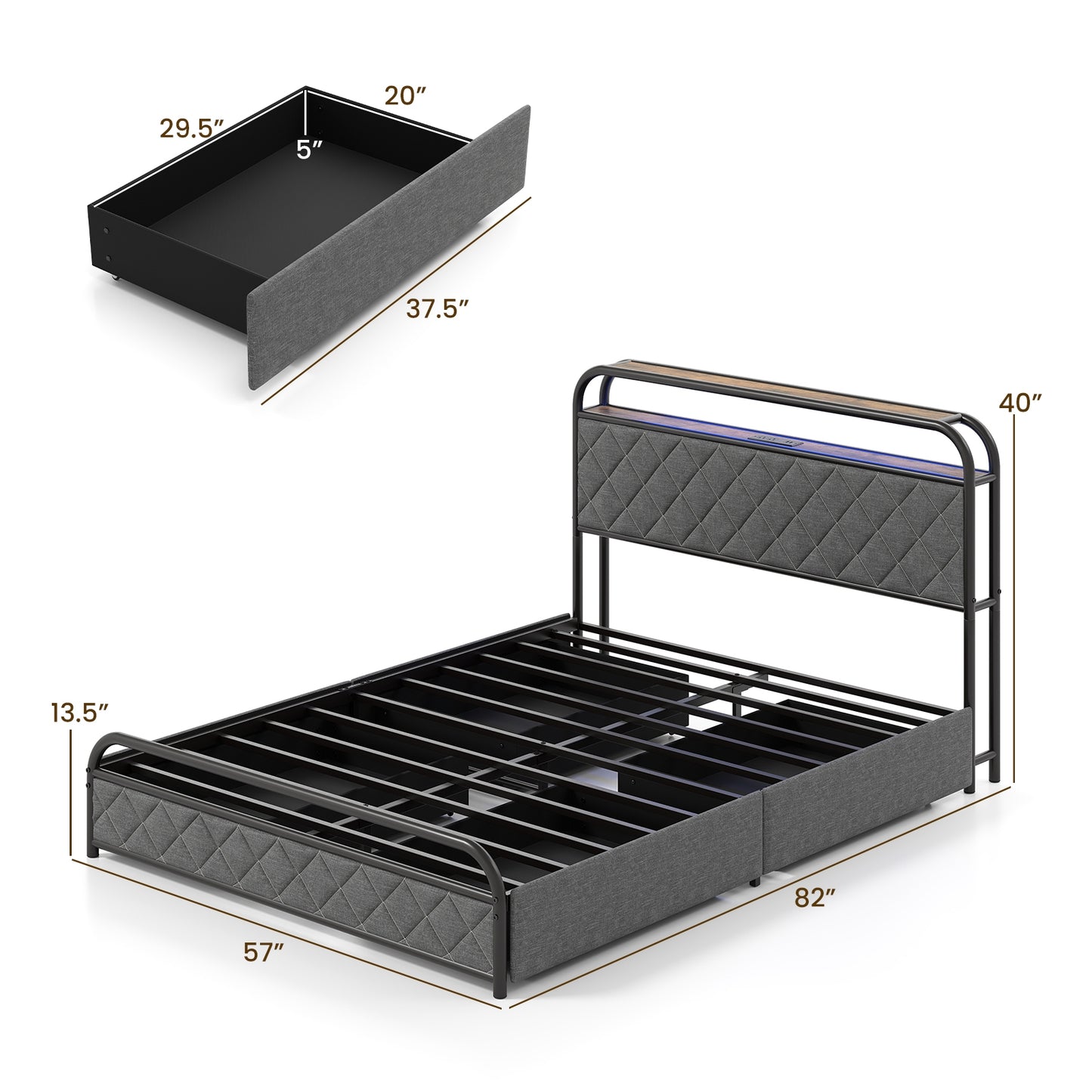 Full size bed frame with LED lights and built-in charging station, modern bedroom furniture by Wilsons Home Store