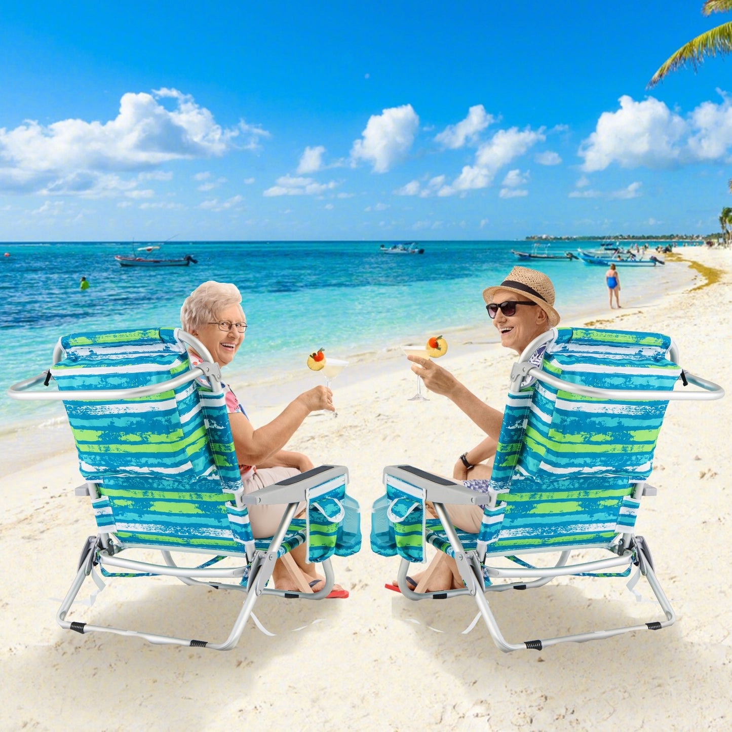 Foldable Backpack Beach Chair with Cup Holder and Storage Pockets Set of 2-Blue