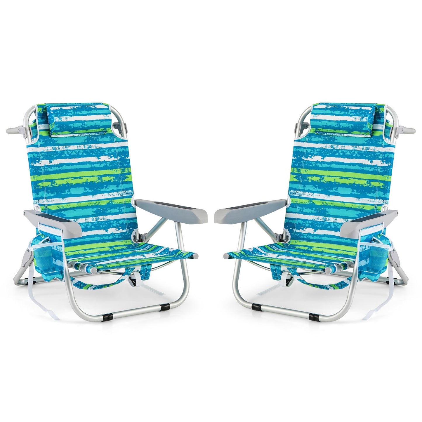 Foldable Backpack Beach Chair with Cup Holder and Storage Pockets Set of 2-Blue