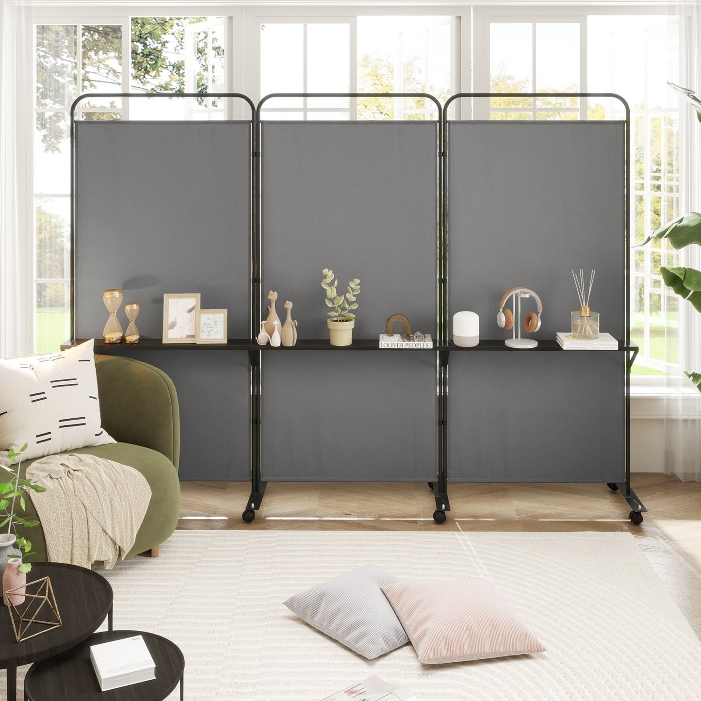 3-Panel Folding Room Divider with 3 Metal Shelves and Lockable Wheels-White