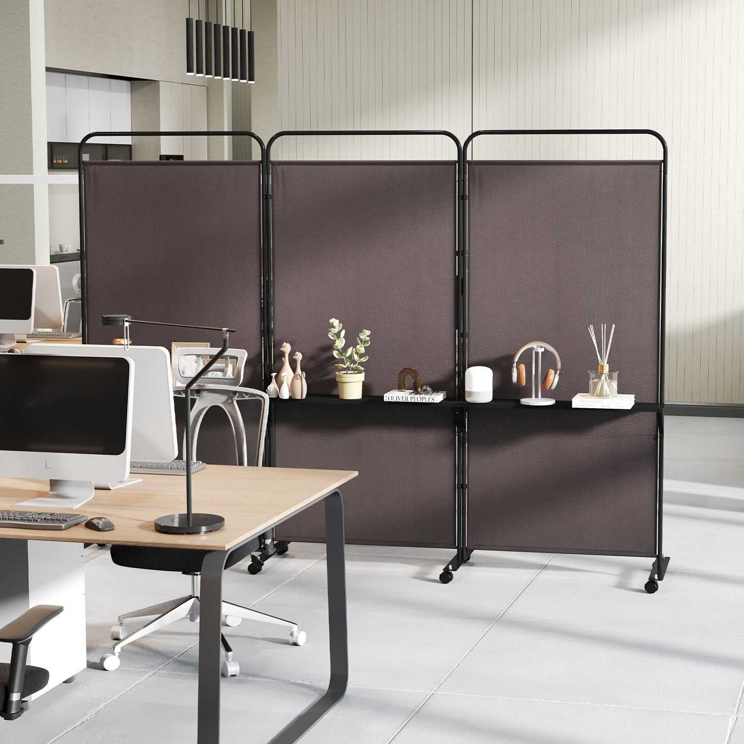 3-Panel Folding Room Divider with 3 Metal Shelves and Lockable Wheels-White