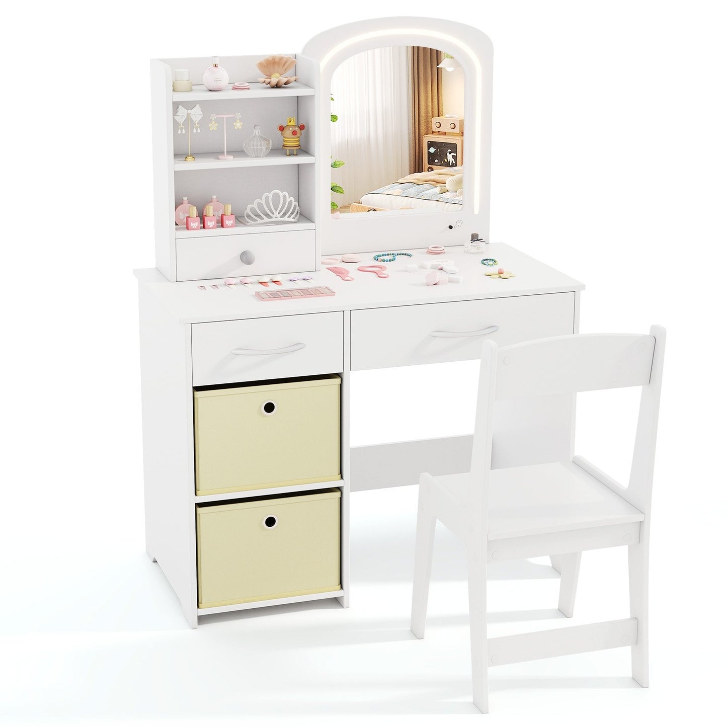 Kids Vanity Set with Lighted Mirror Makeup Desk and Chair Set with Drawers-Pink