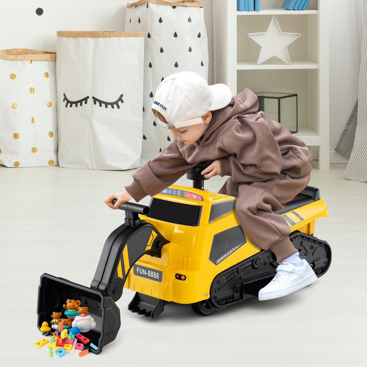 6V Ride on Tractor 3-in-1 Electric Excavator with Adjustable Arms and Music-Yellow