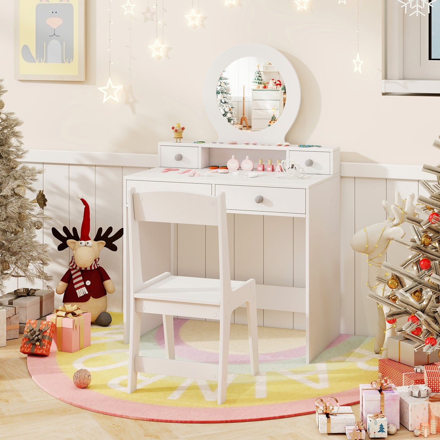 Kids Vanity Set with Mirror Princess Makeup Dressing Desk and Chair Set with Mirror-Pink