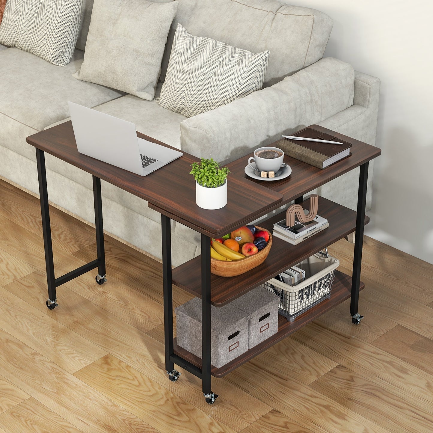 360° Rotating Sofa Side Table with 2-Tier Storage Shelves-Brown