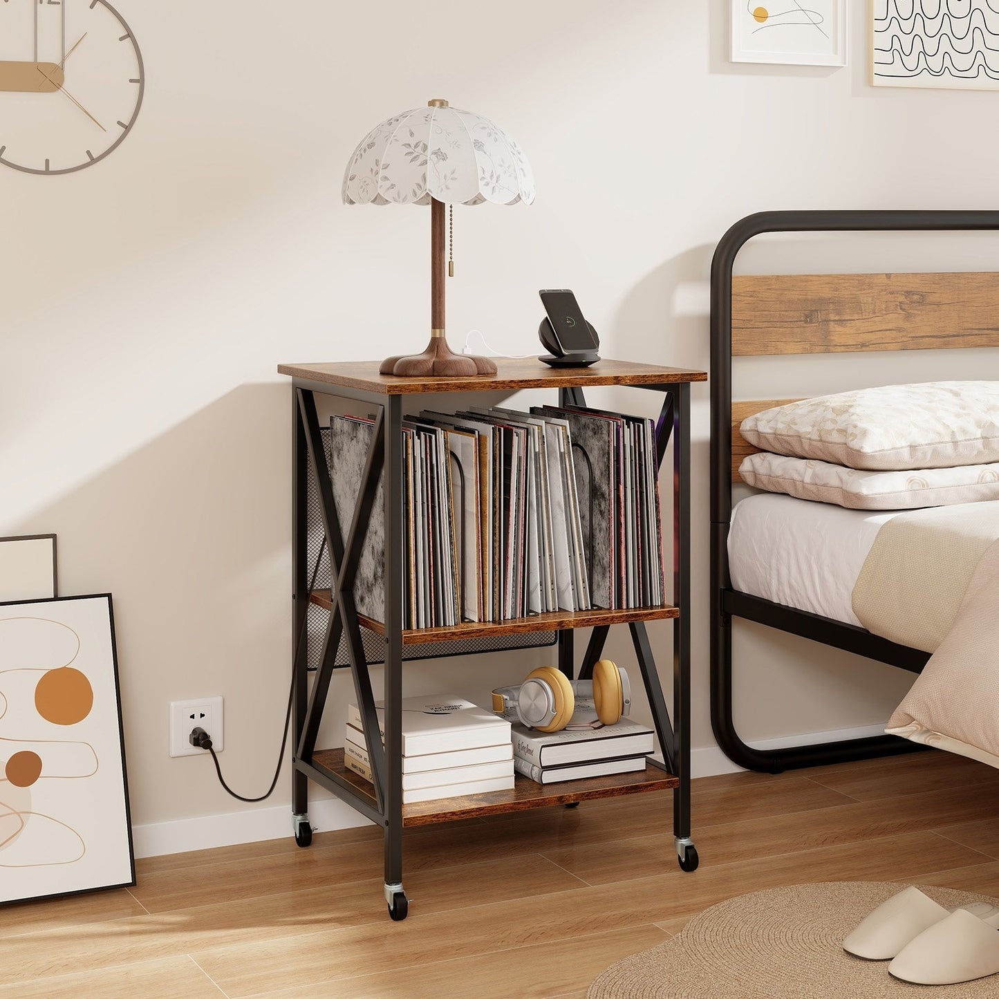 Mid-Century Record Player Stand with Built-in Charging Station-Gray