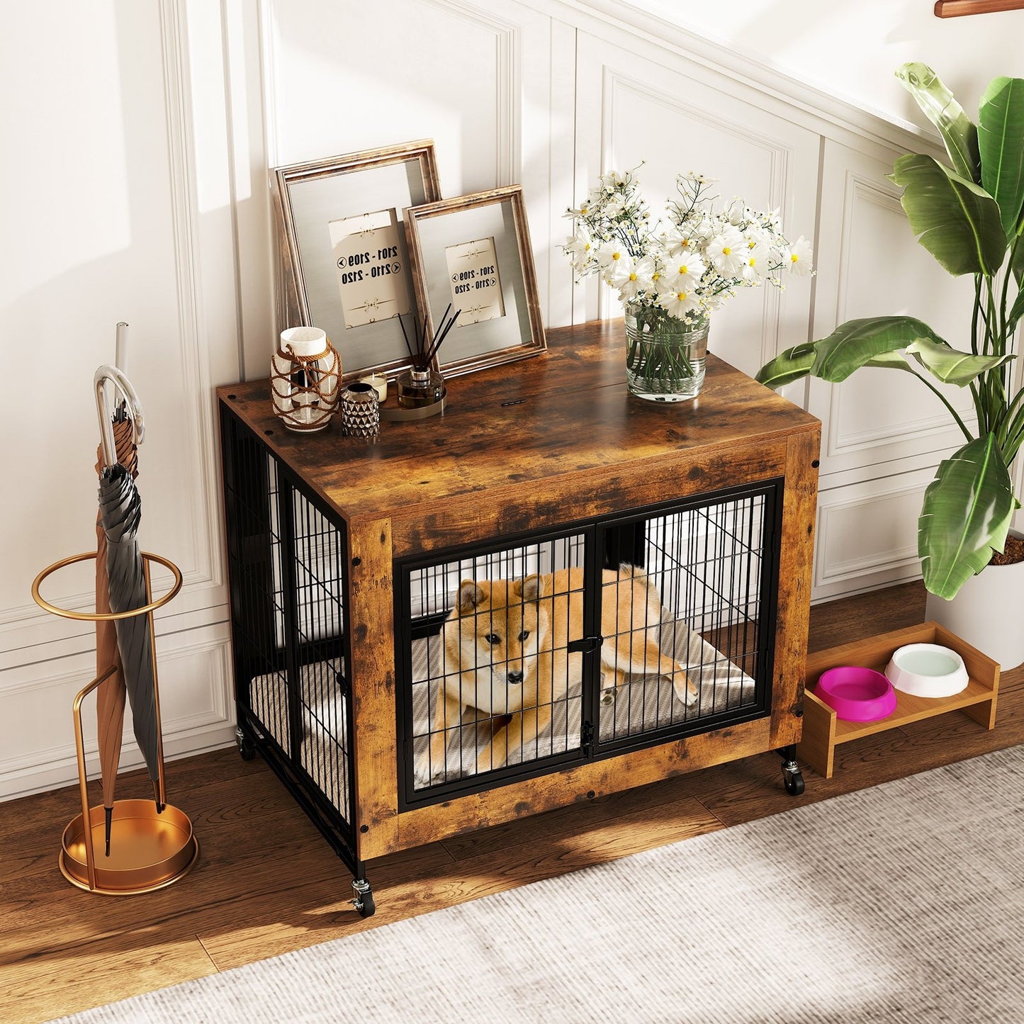 Industrial Dog Kennel with Flip-up Top 3 Lockable Doors and Removable Tray-Gray