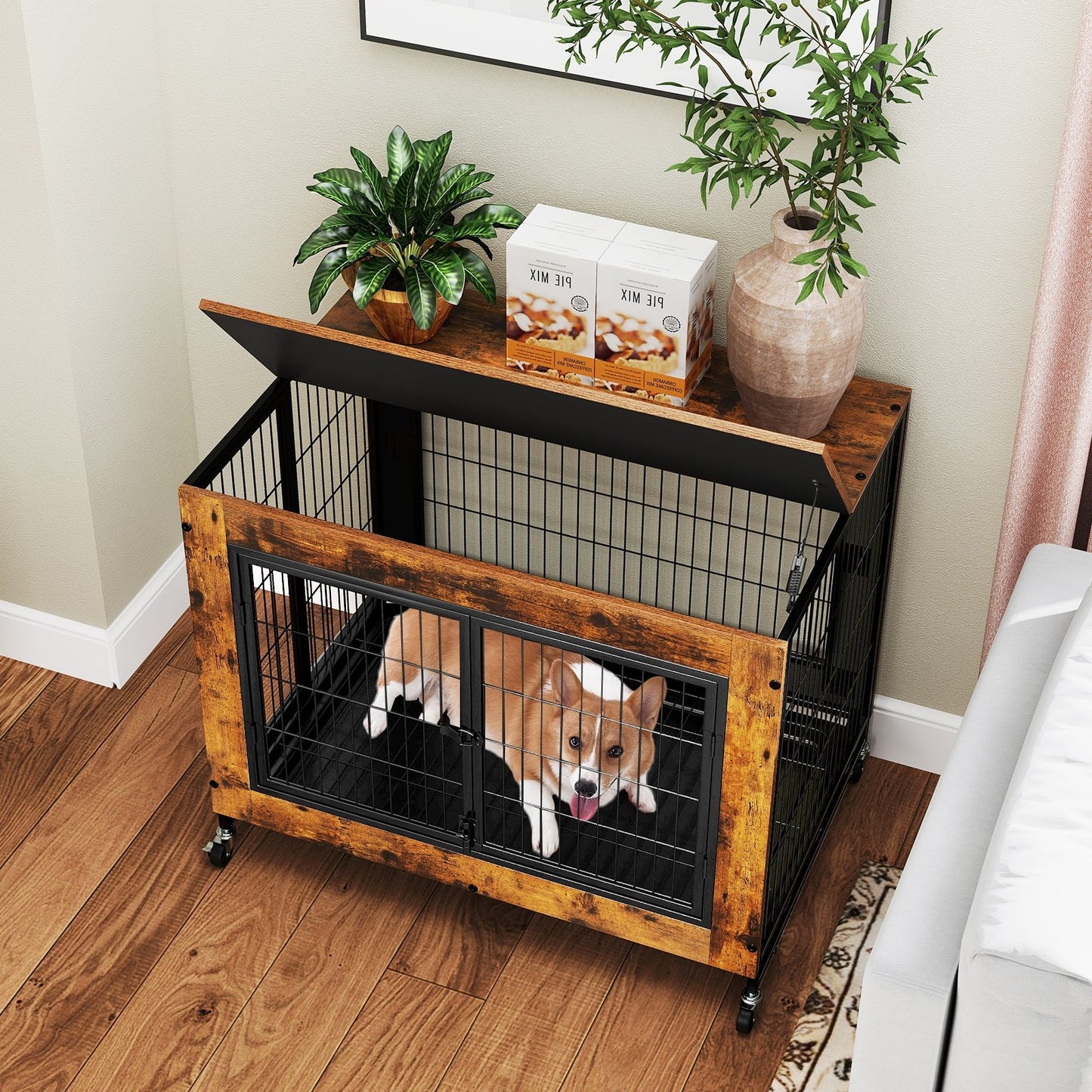 Industrial Dog Kennel with Flip-up Top 3 Lockable Doors and Removable Tray-Gray