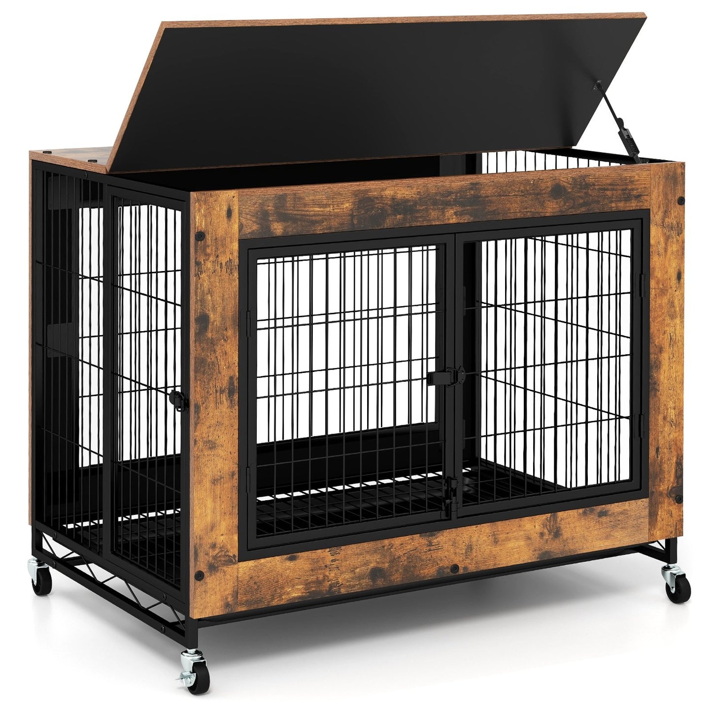 Industrial Dog Kennel with Flip-up Top 3 Lockable Doors and Removable Tray-Gray