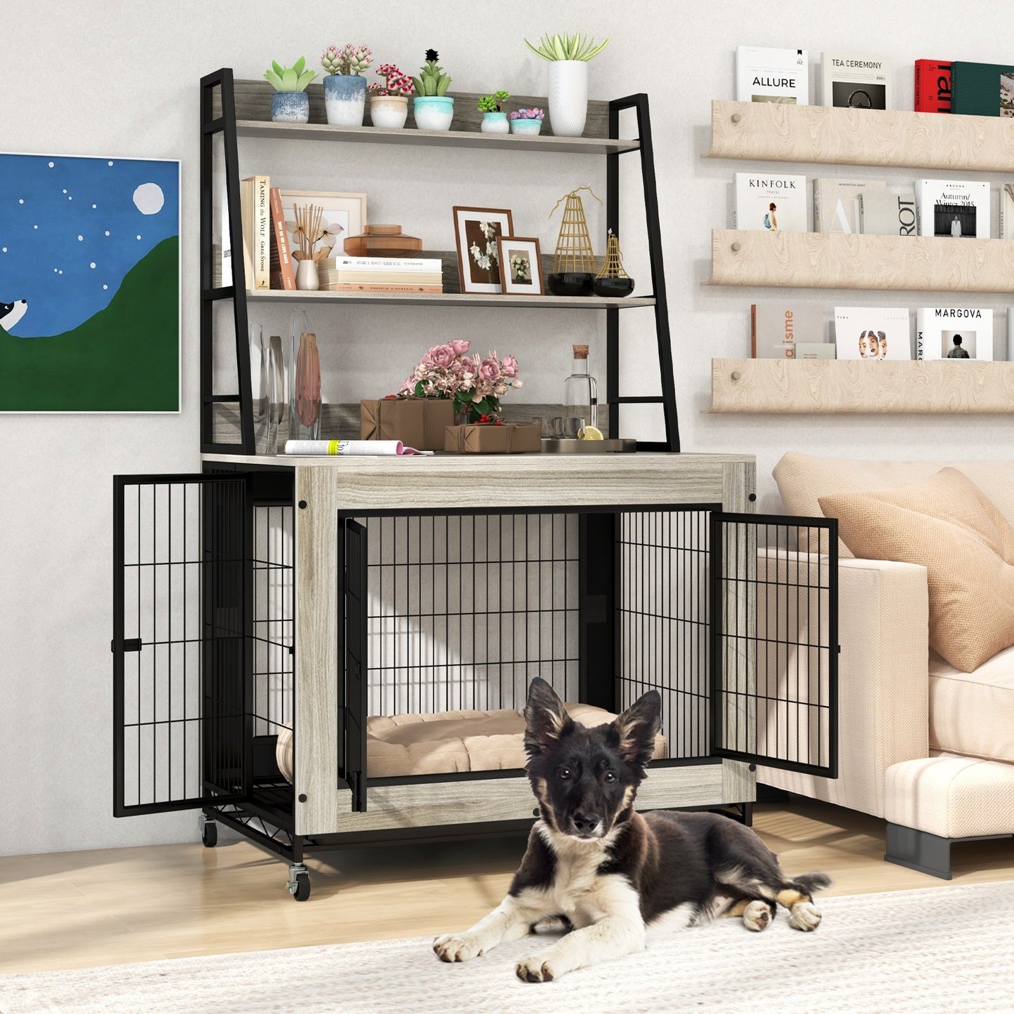 Industrial Dog Kennel Dog Crate Furniture with Storage Shelves-Gray