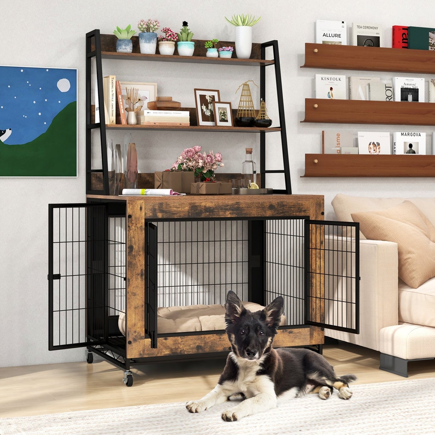 Industrial Dog Kennel Dog Crate Furniture with Storage Shelves-Gray