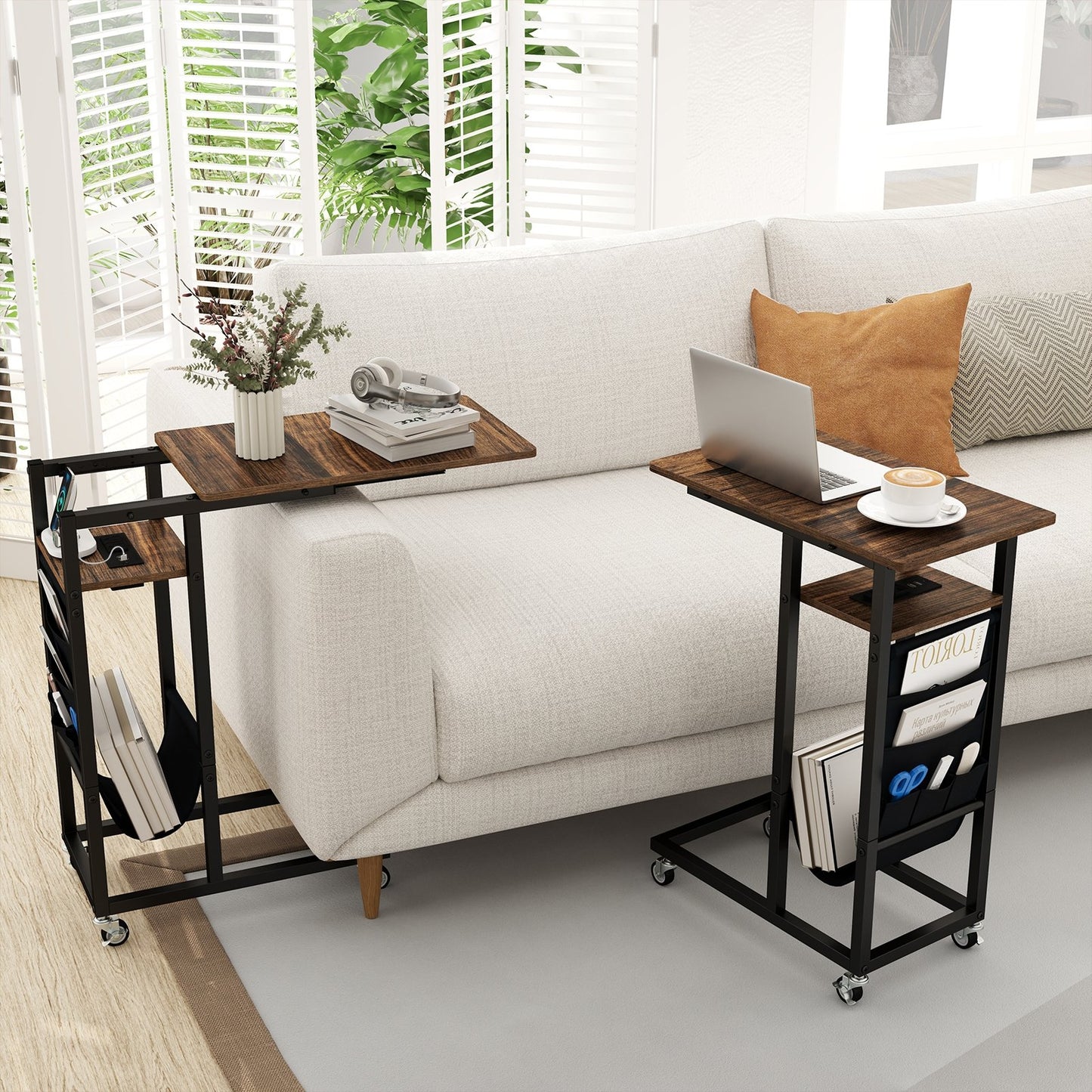 C-shaped End Table with Charging Station and Retractable Tabletop-Coffee