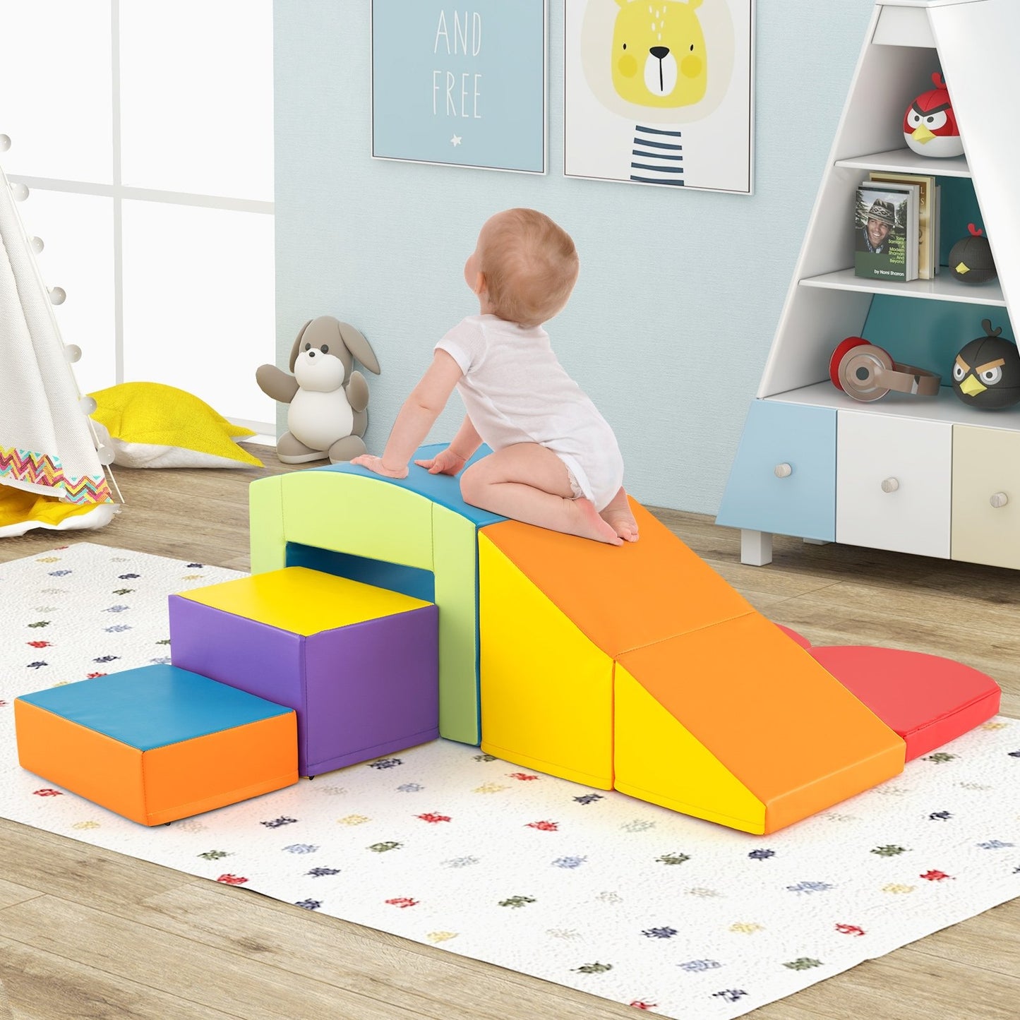 6 Pieces Foam Climbing Blocks Soft Play Climbing for Toddlers with Tunnel-Beige