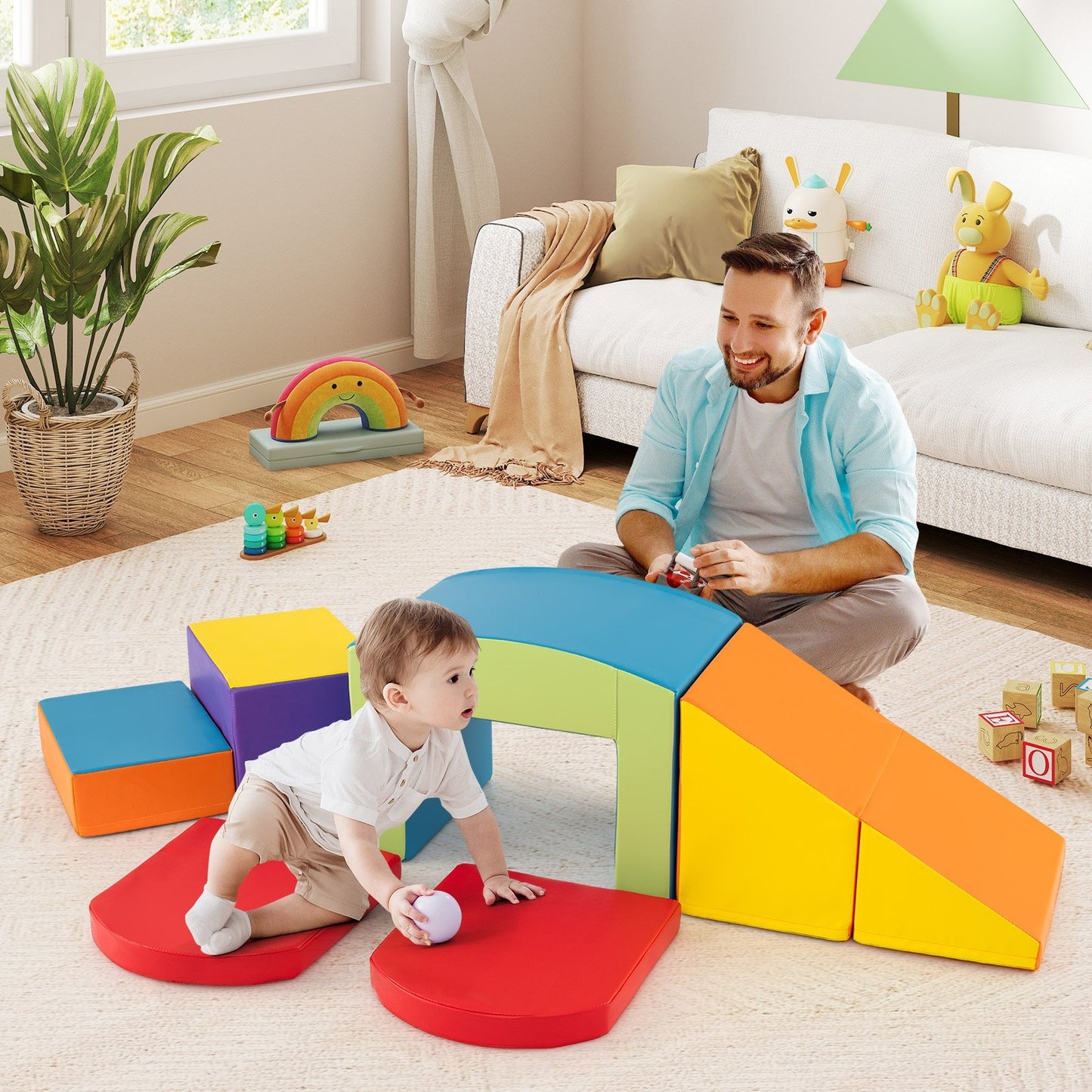 6 Pieces Foam Climbing Blocks Soft Play Climbing for Toddlers with Tunnel-Beige