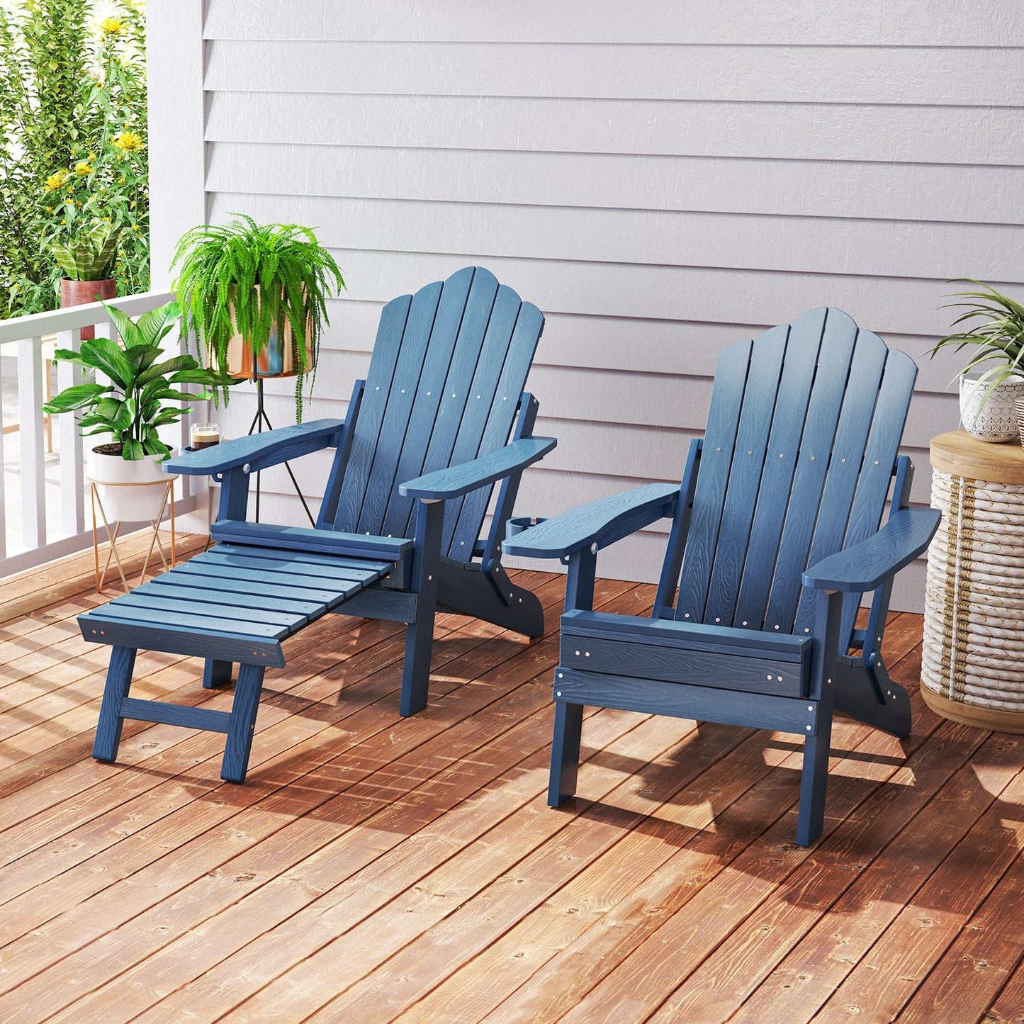 All-Weather HIPS Patio Adirondack Lounge Chair with Retractable Footrest-Black