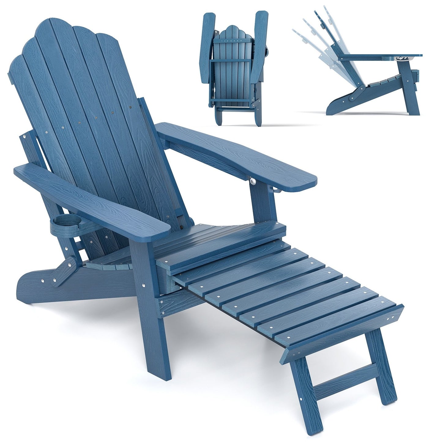 All-Weather HIPS Patio Adirondack Lounge Chair with Retractable Footrest-Black