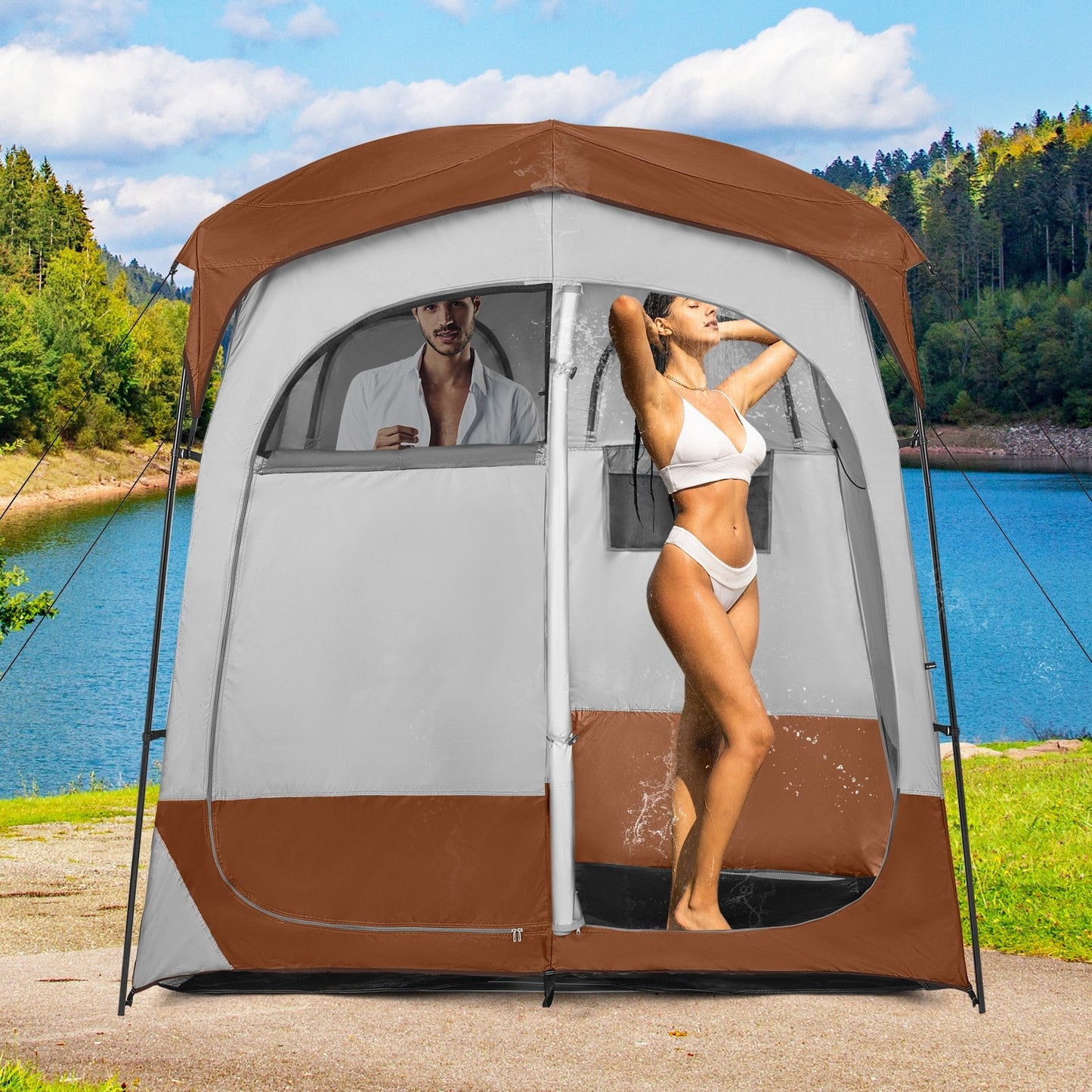 2 Rooms Oversize Privacy Shower Tent with Removable Rain Fly and Inside Pocket-Blue