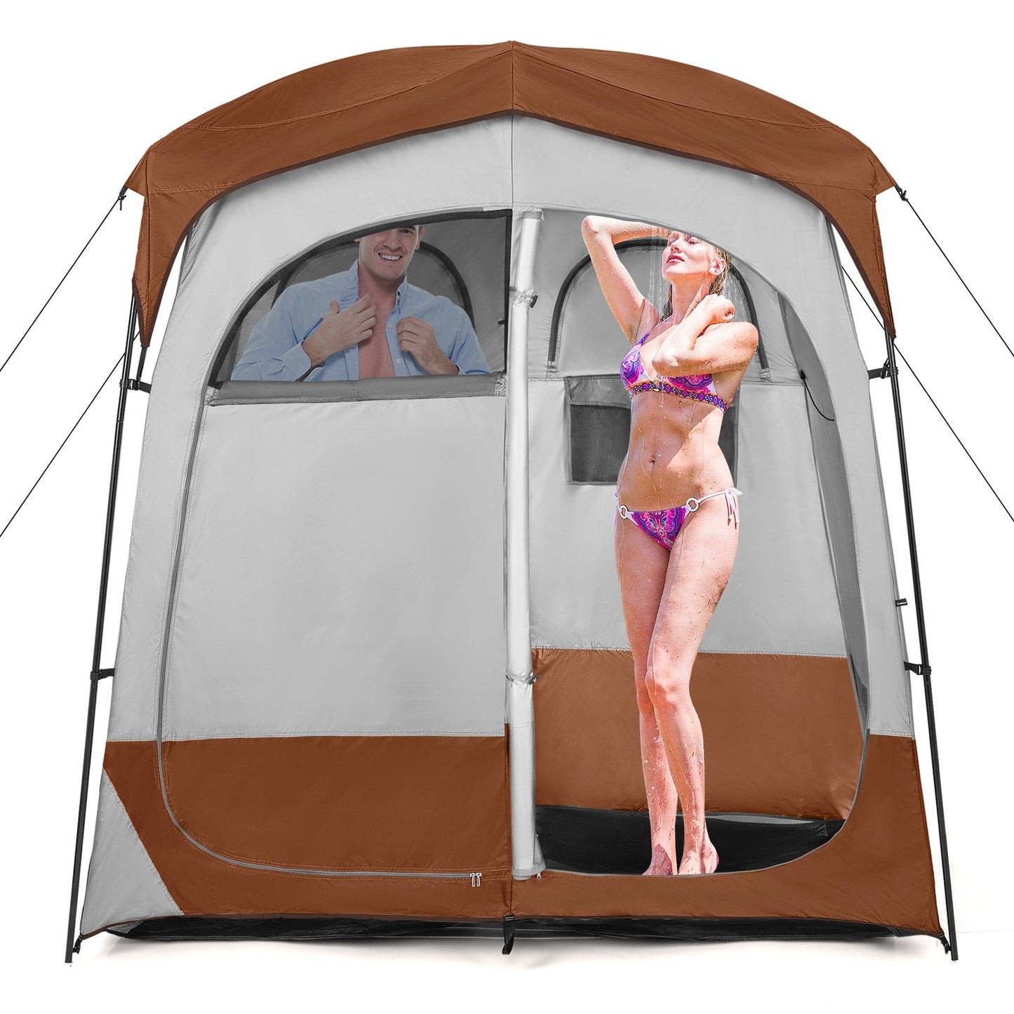 2 Rooms Oversize Privacy Shower Tent with Removable Rain Fly and Inside Pocket-Blue