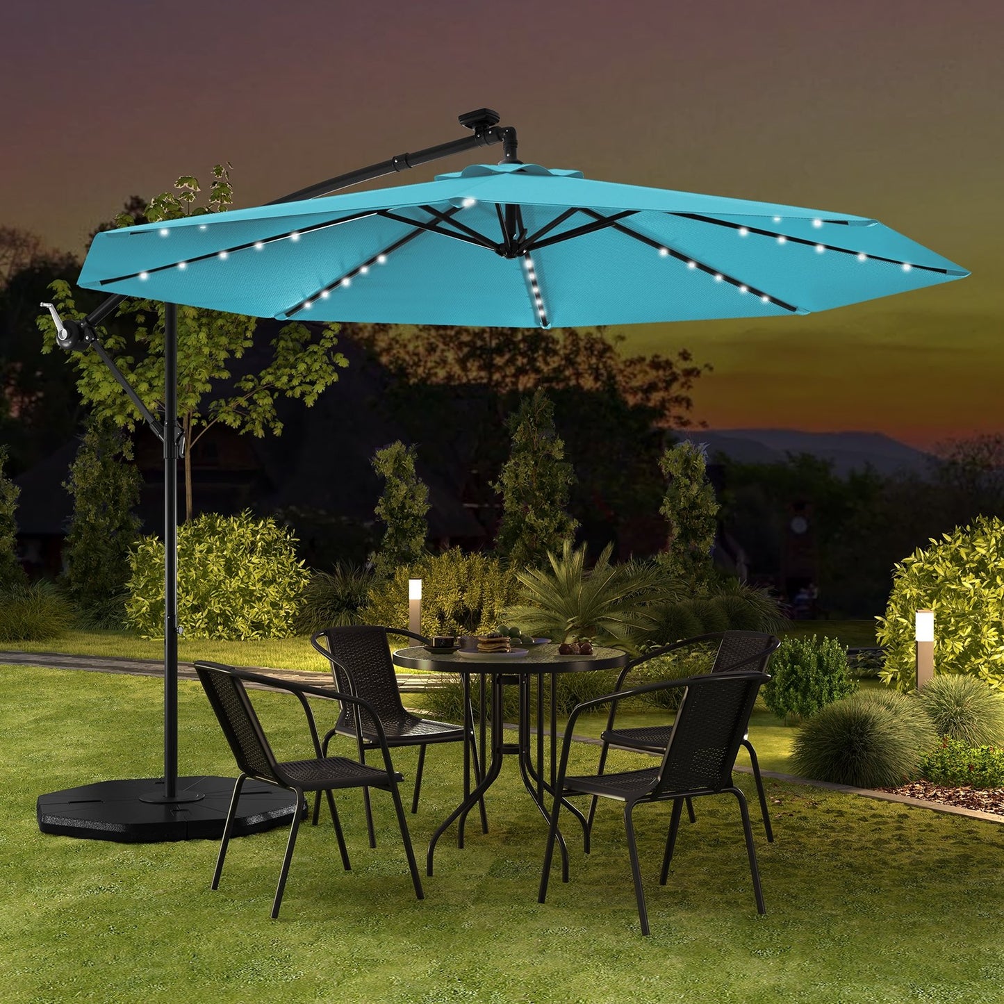 10 Feet Solar Offset Hanging Umbrella with 40 Lamp Beads and Solar Panel-Beige
