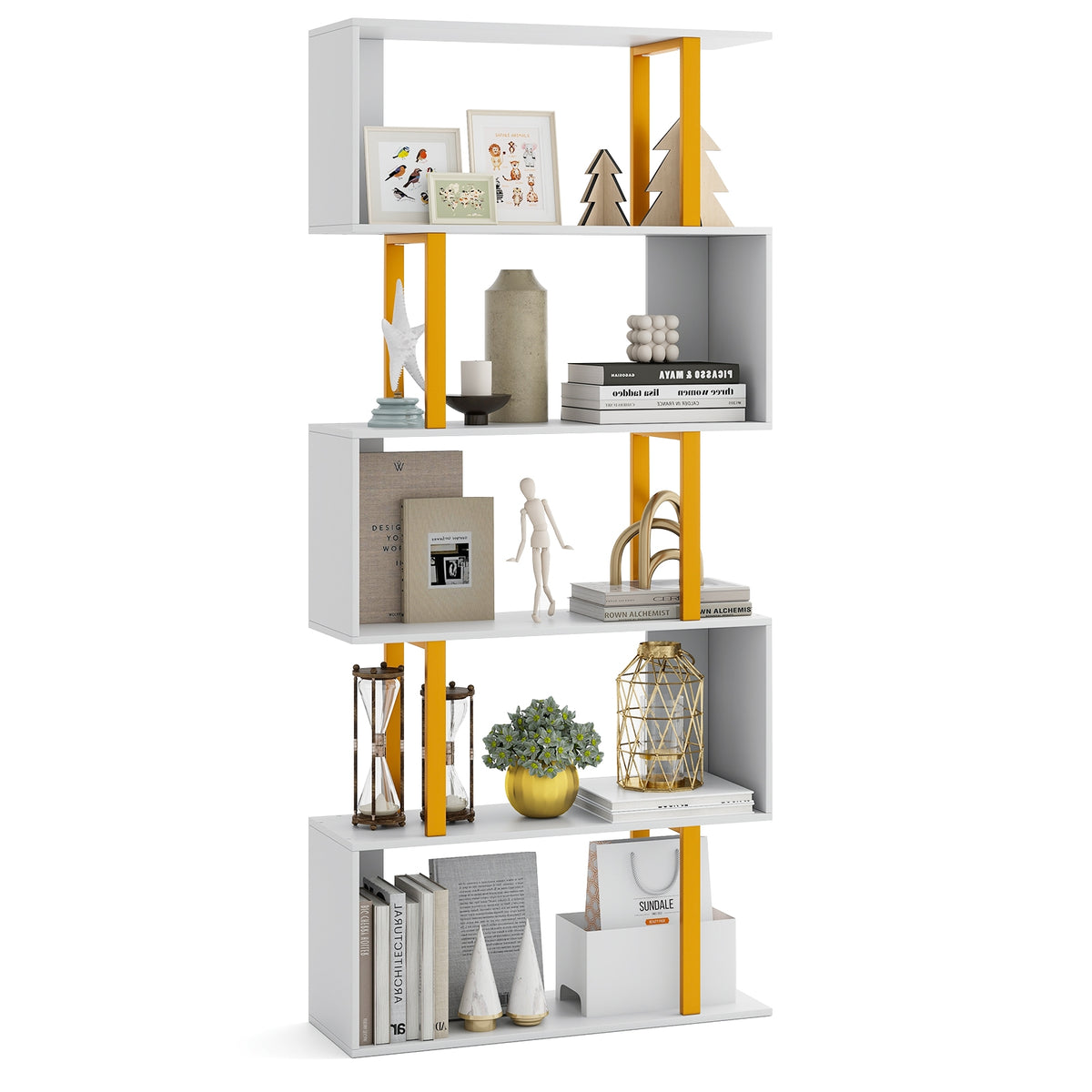 White 5-tier geometric bookcase with metal frame and anti-tipping kits, ideal for home office storage and stylish organization.