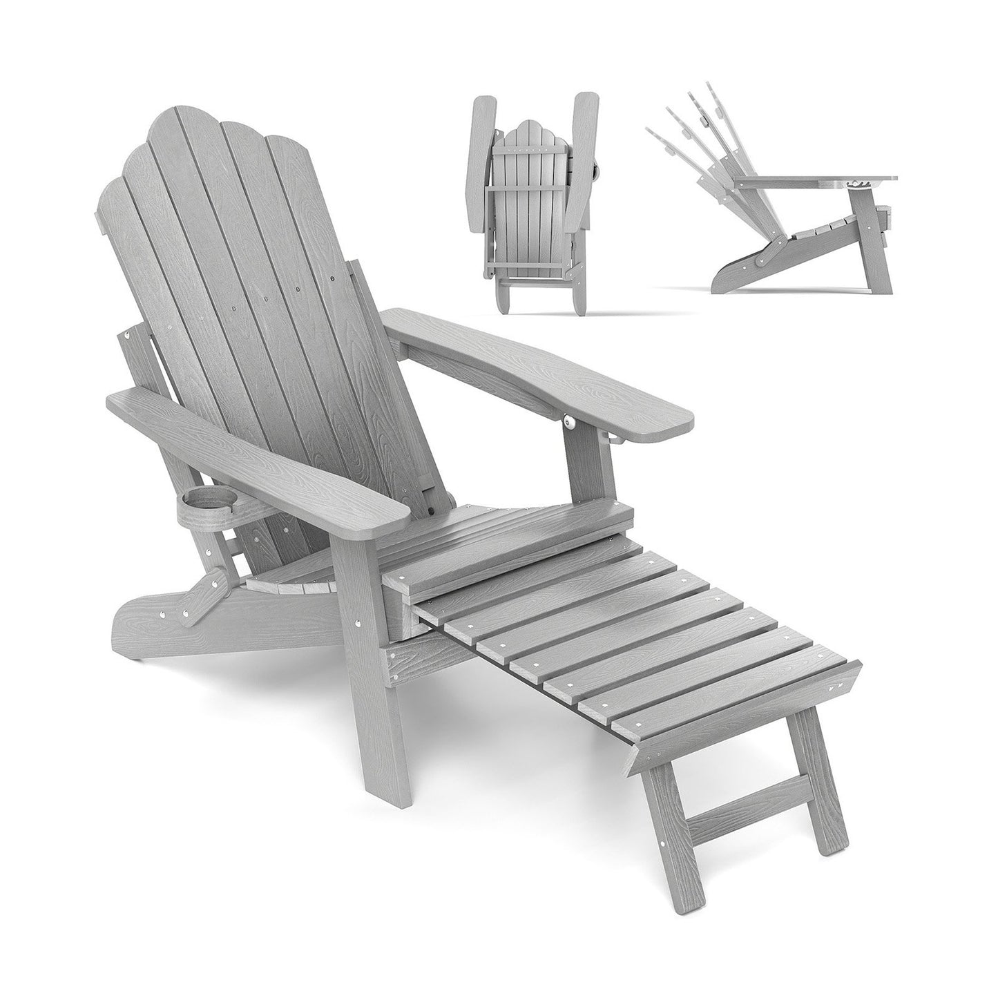 All-Weather HIPS Patio Adirondack Lounge Chair with Retractable Footrest-Black