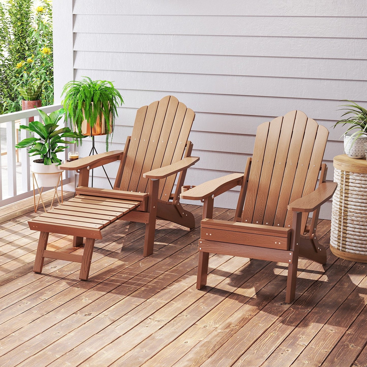 All-Weather HIPS Patio Adirondack Lounge Chair with Retractable Footrest-Black