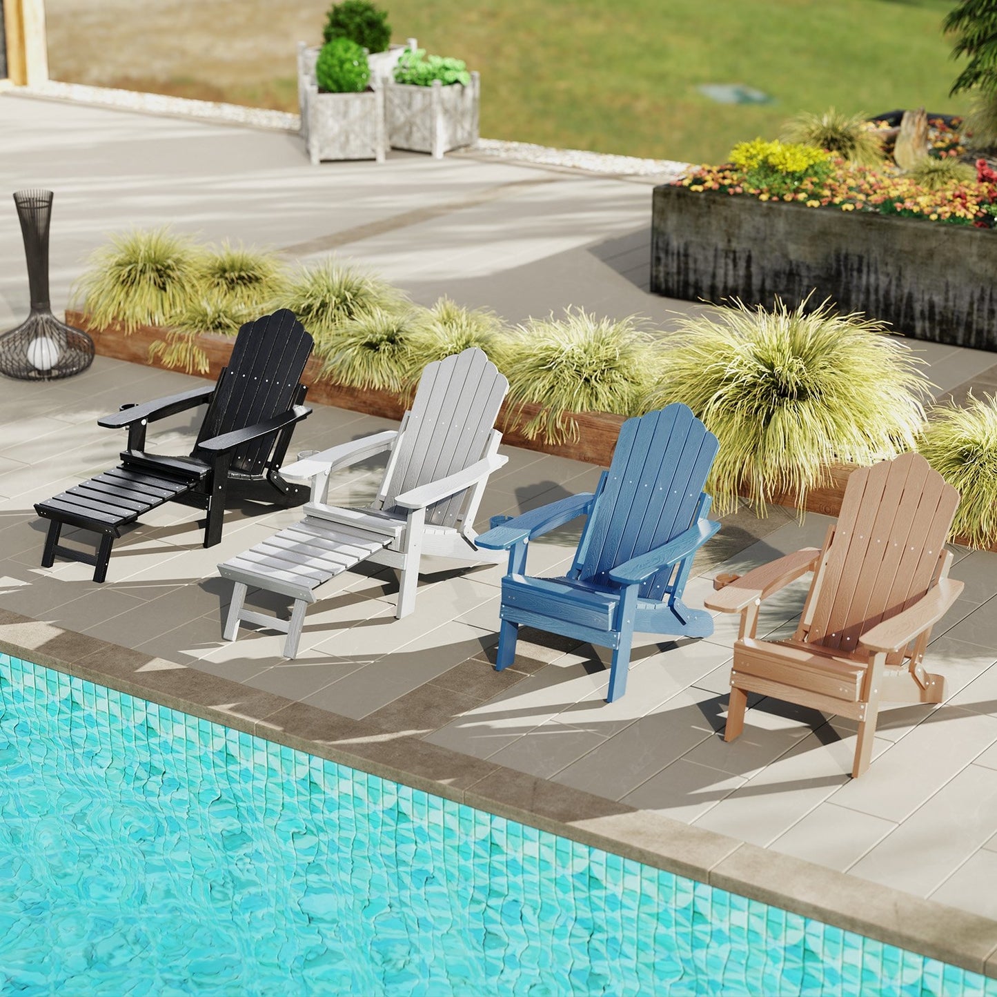 All-Weather HIPS Patio Adirondack Lounge Chair with Retractable Footrest-Black