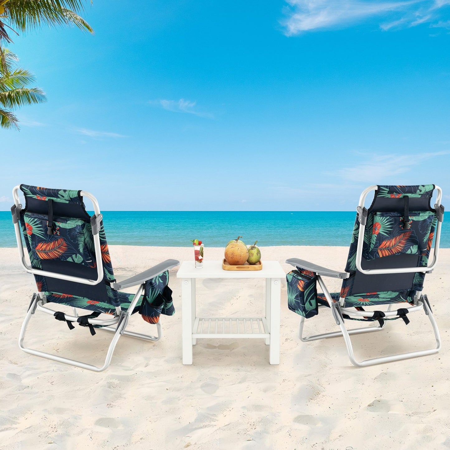 2-Pack Folding Backpack Beach Chair 5-Position Outdoor Reclining Chairs with Pillow-Blue