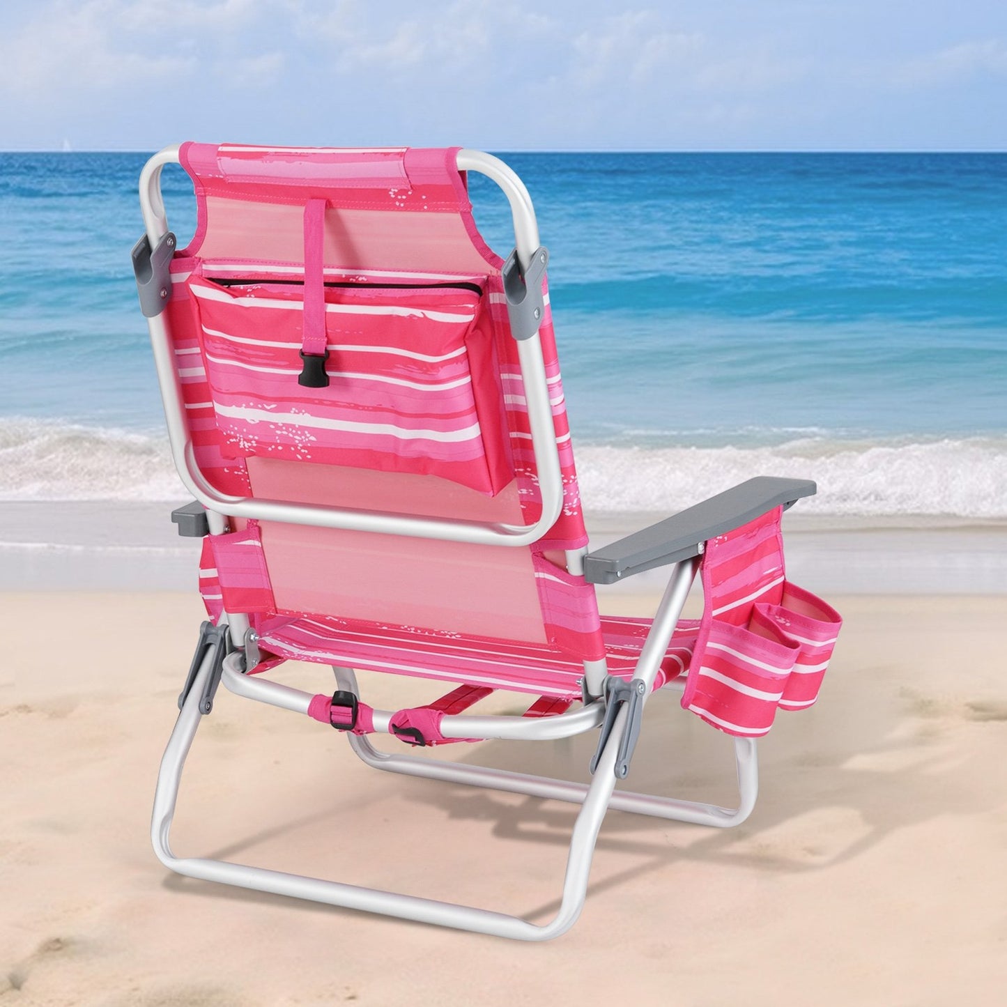 2-Pack Folding Backpack Beach Chair 5-Position Outdoor Reclining Chairs with Pillow-Blue