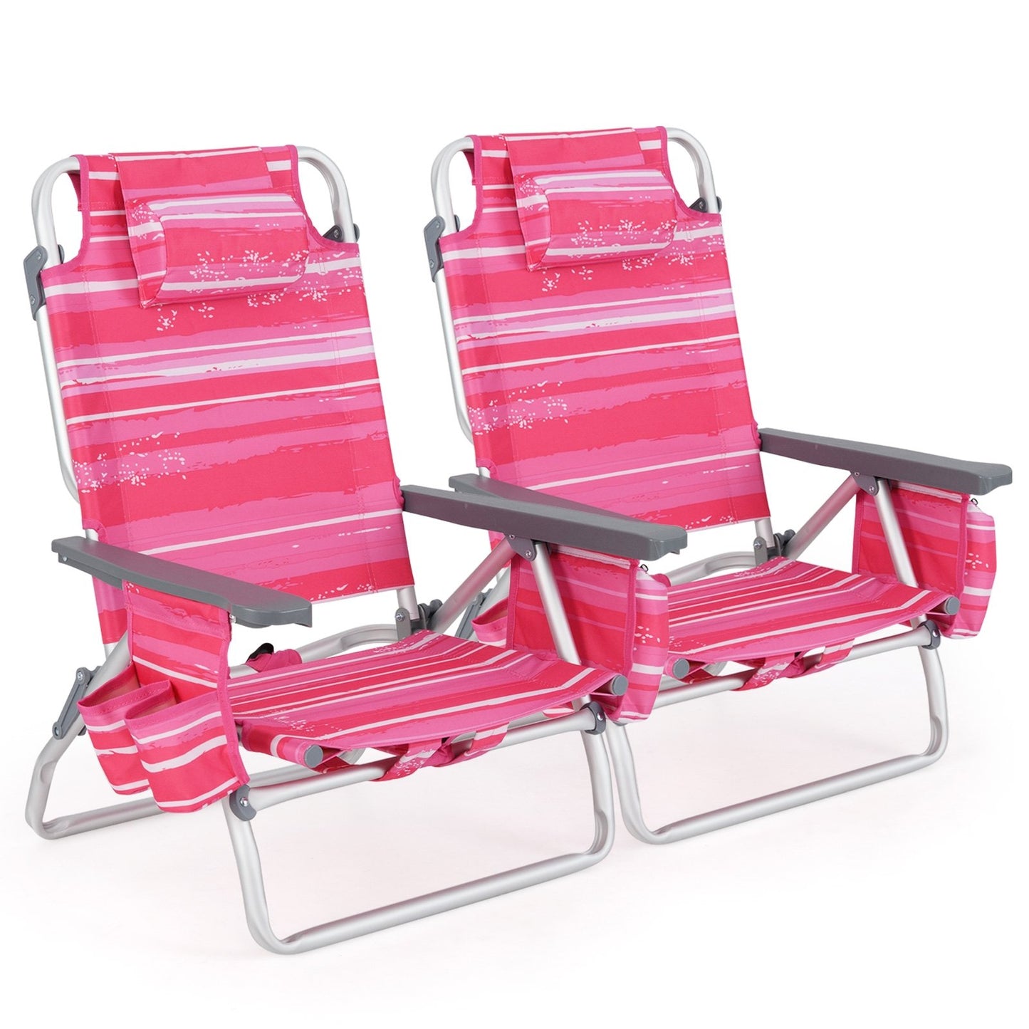 2-Pack Folding Backpack Beach Chair 5-Position Outdoor Reclining Chairs with Pillow-Blue