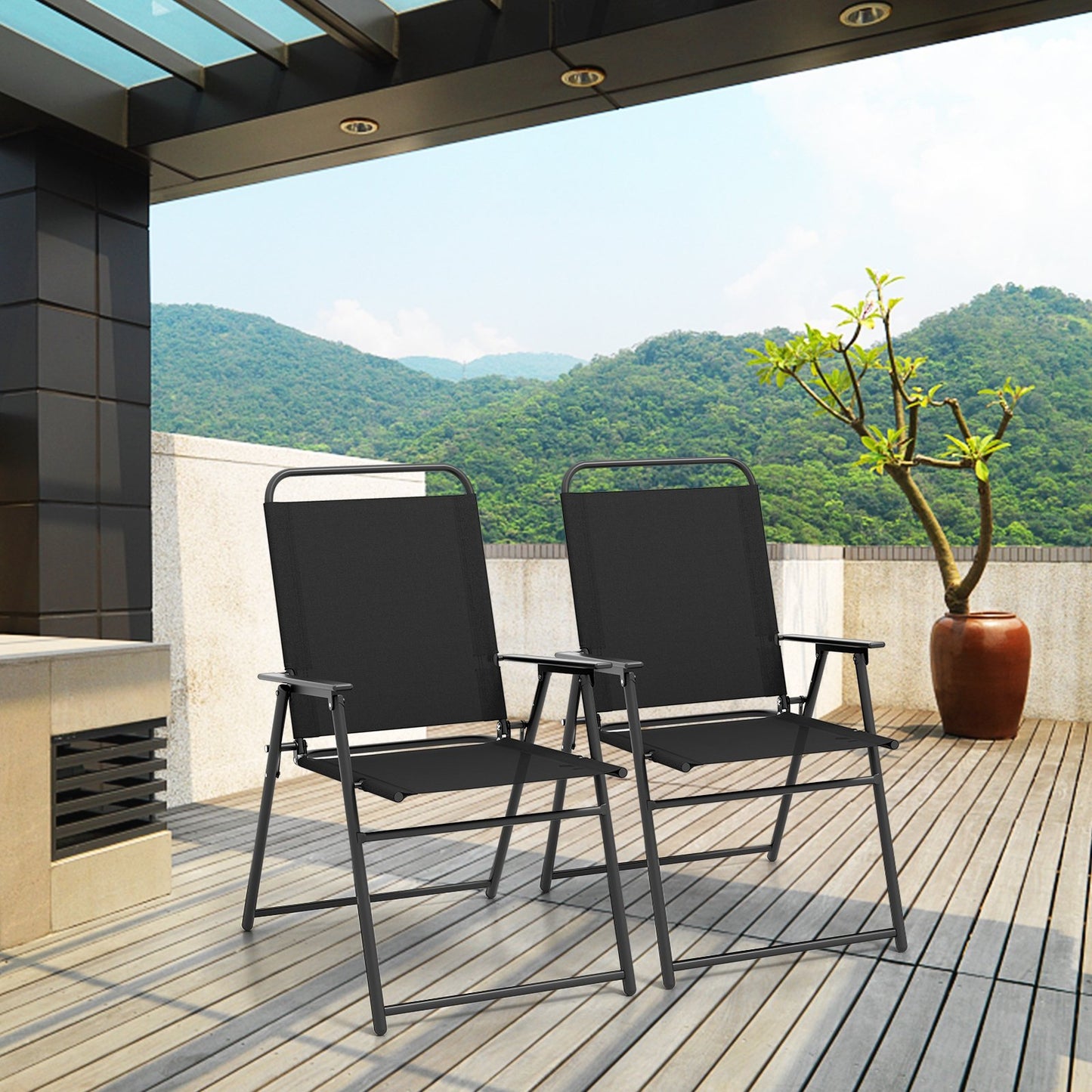 Outdoor Folding Sling Chairs Set of 4 with Armrest and Backrest-Black