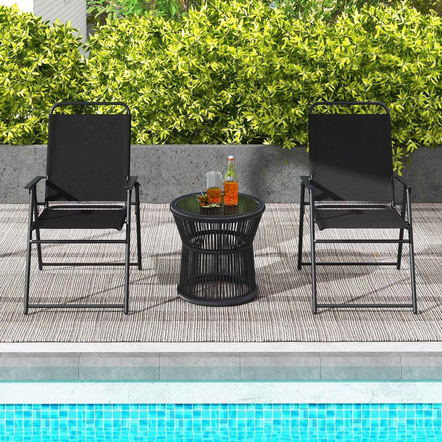Outdoor Folding Sling Chairs Set of 4 with Armrest and Backrest-Black