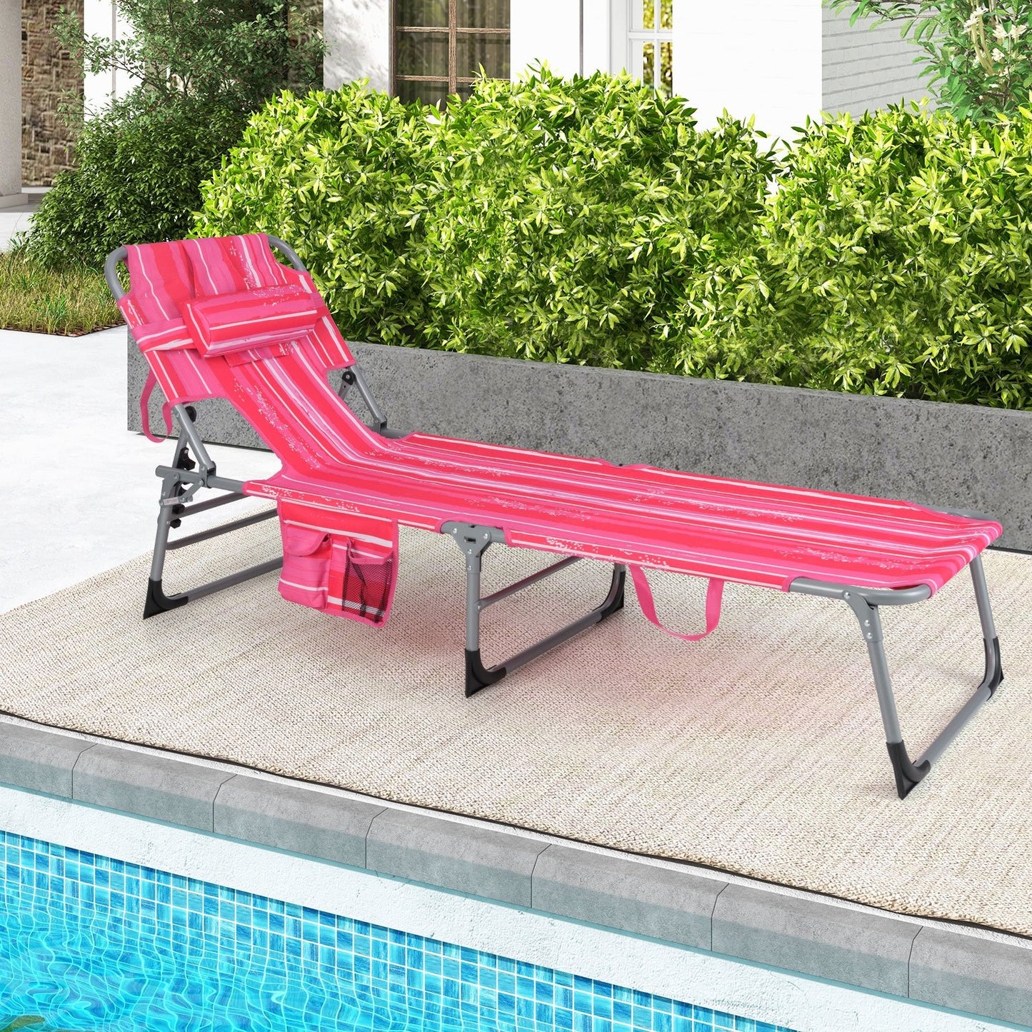 Folding Beach Lounge Chair with Pillow for Outdoor-Beige