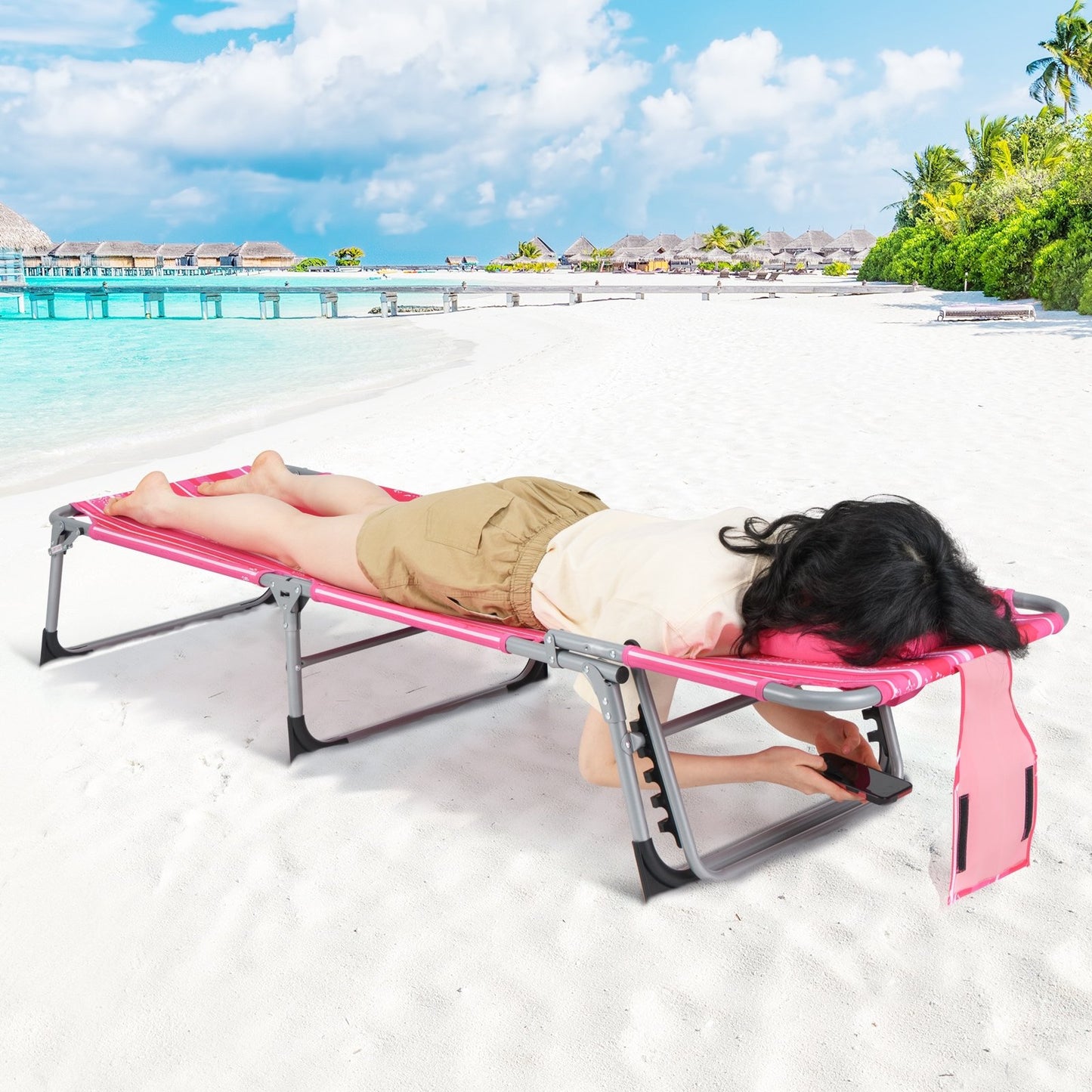 Folding Beach Lounge Chair with Pillow for Outdoor-Beige