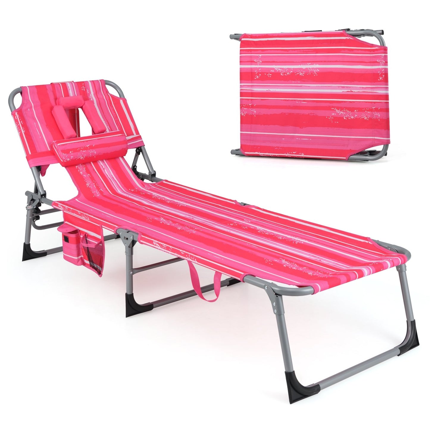 Folding Beach Lounge Chair with Pillow for Outdoor-Beige