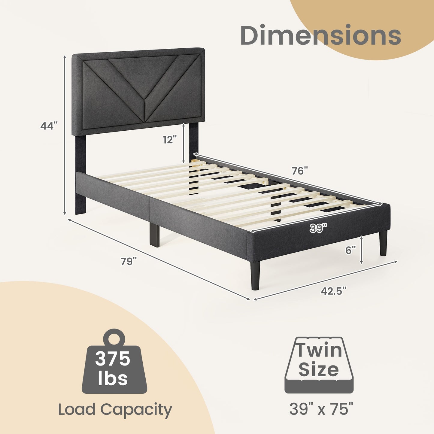 Upholstered Platform Bed with Tufted Headboard and Wooden Slats-Twin Size
