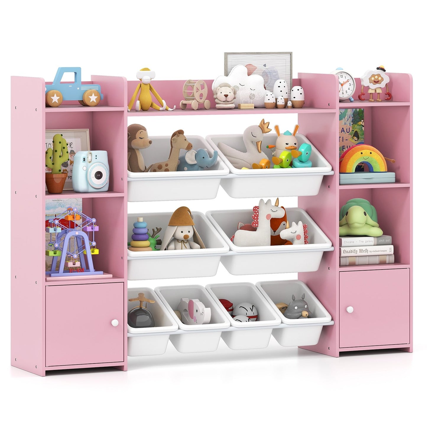 56 inch Large Toy Storage Organizer with 8 Removable Bins and Bookshelf-Gray