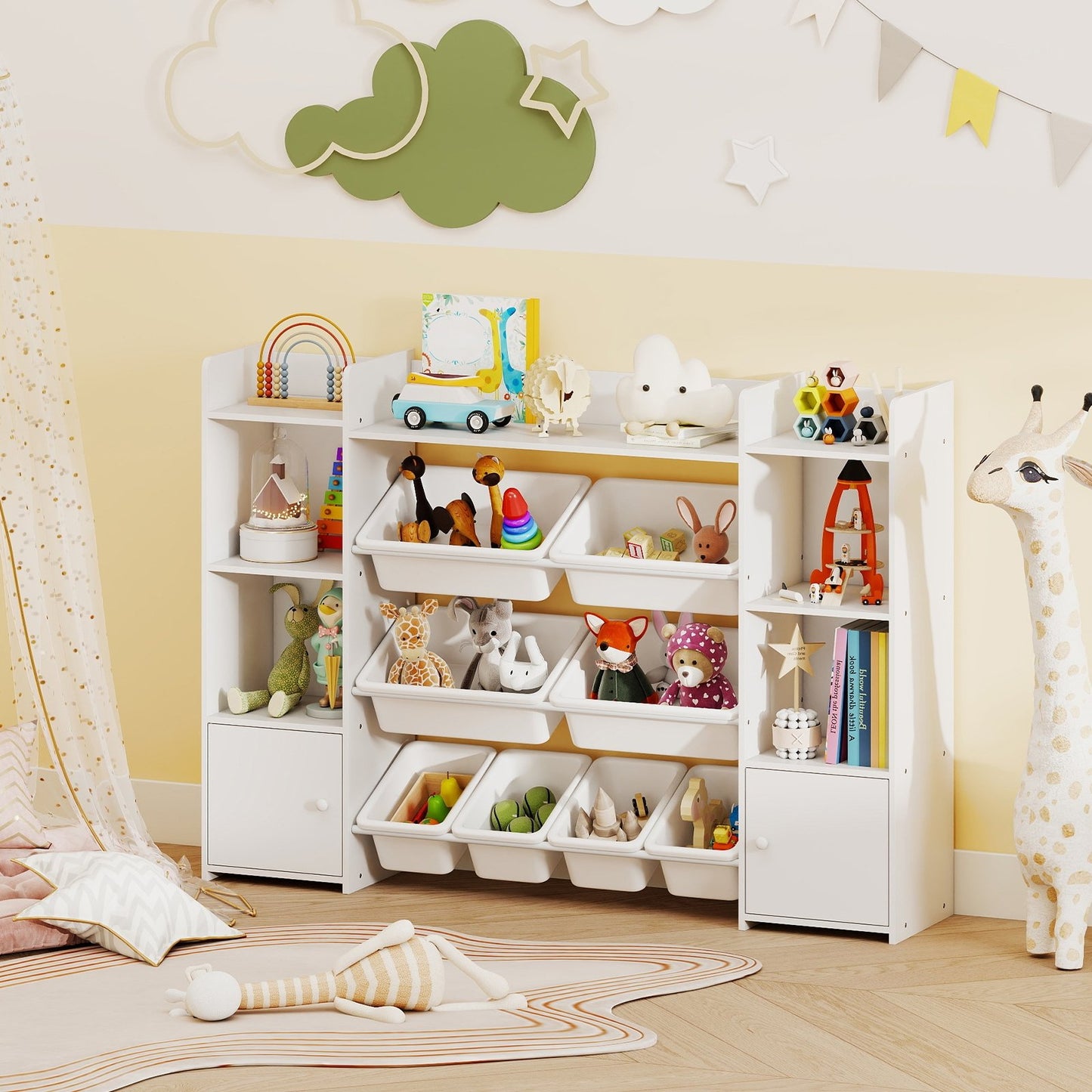 56 inch Large Toy Storage Organizer with 8 Removable Bins and Bookshelf-Gray