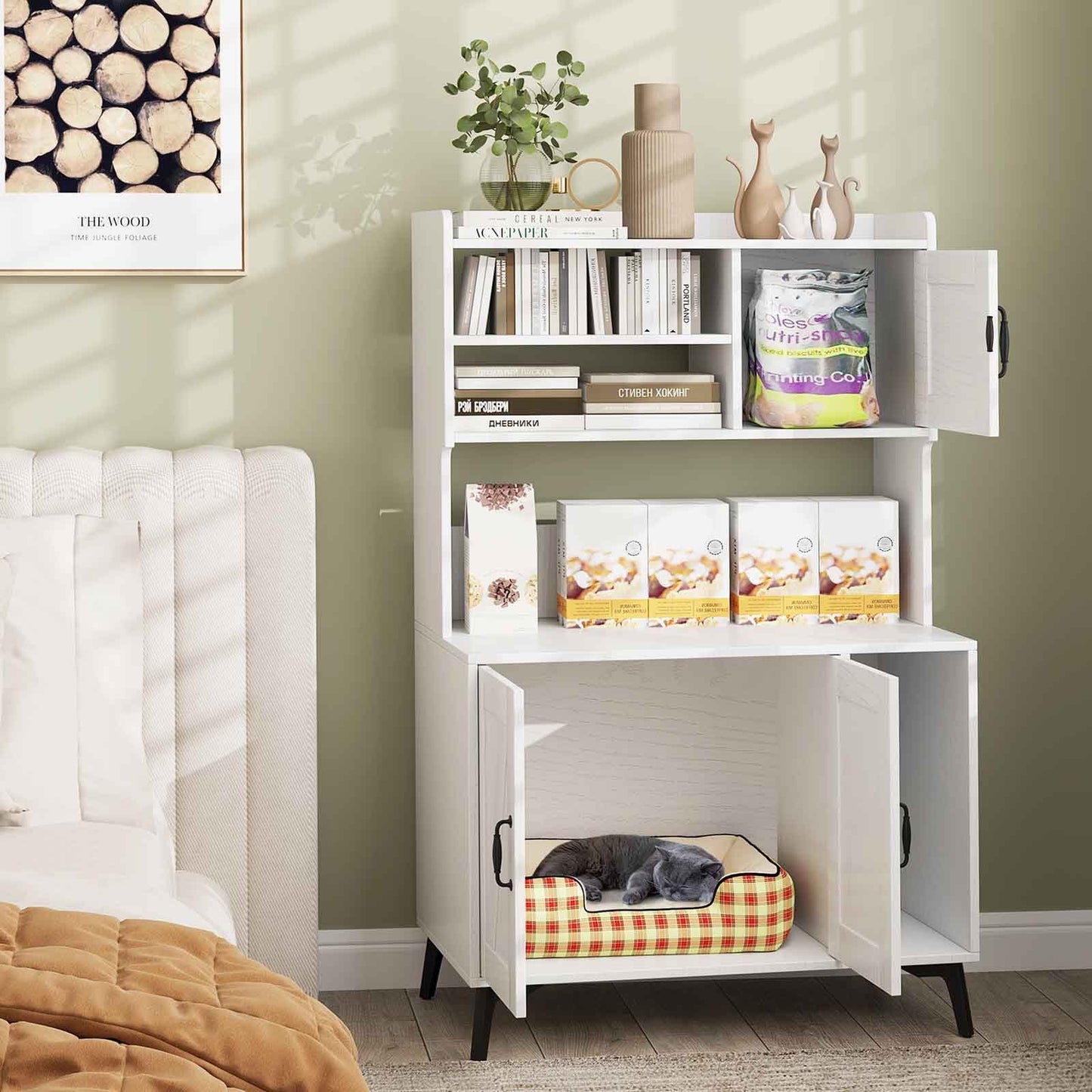 Large Cat Litter Box Enclosure with Display Storage Shelves-Oak