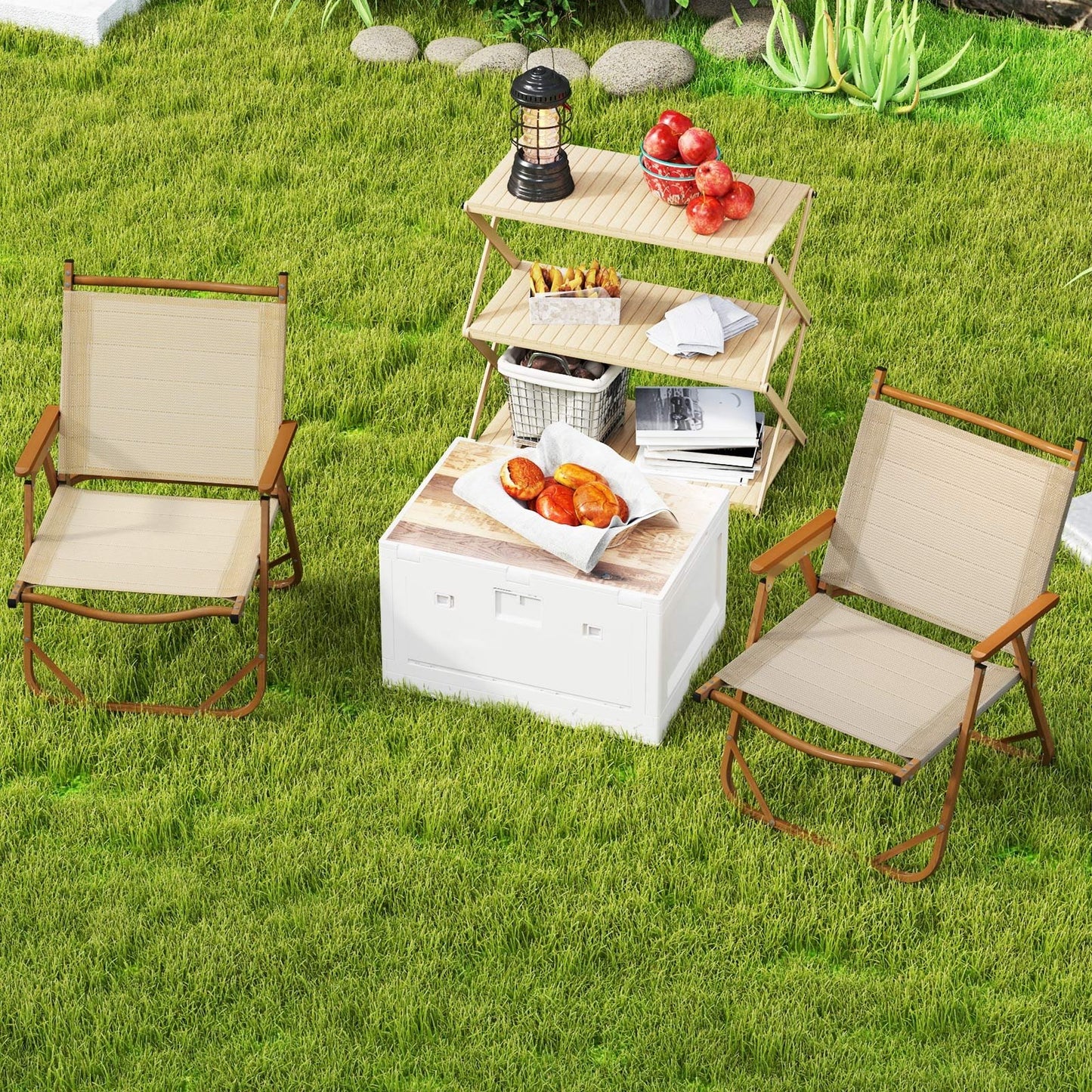 Folding Camp Chairs Set of 2 Lightweight Beach Chairs-Beige