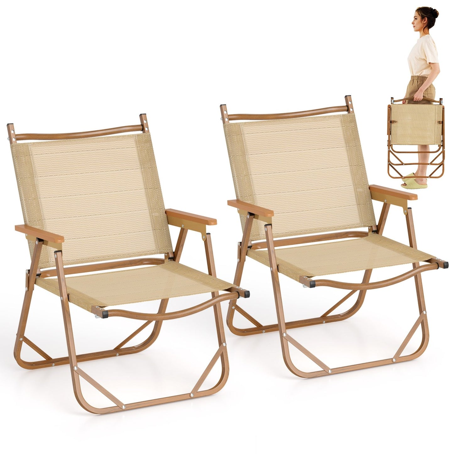 Folding Camp Chairs Set of 2 Lightweight Beach Chairs-Beige
