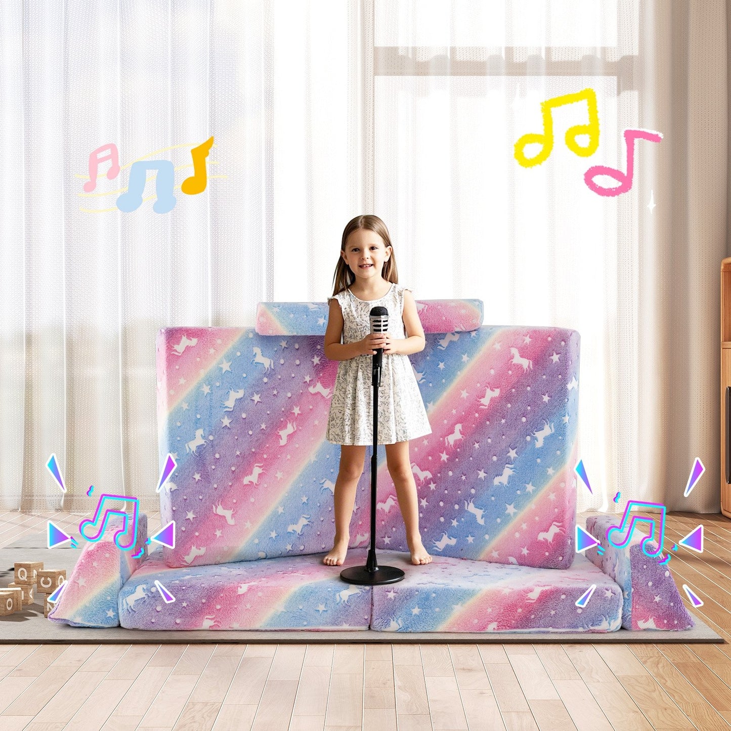 8 Pieces Modular Kids Play Couch Glow in the Dark Toddler Sectional Sofa-Gray
