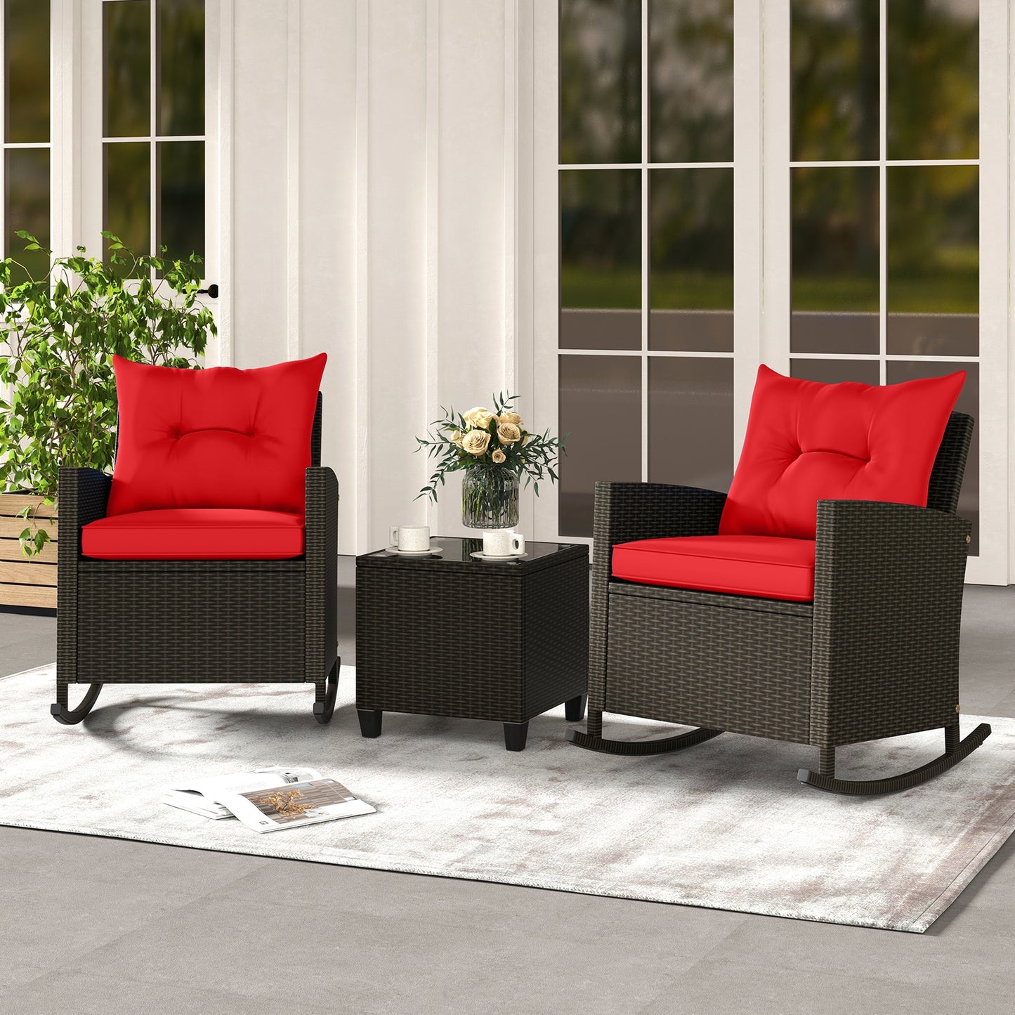 3-Piece Patio Rattan Roker Chairs with Tempered Glass Table and Soft Cushions-Beige