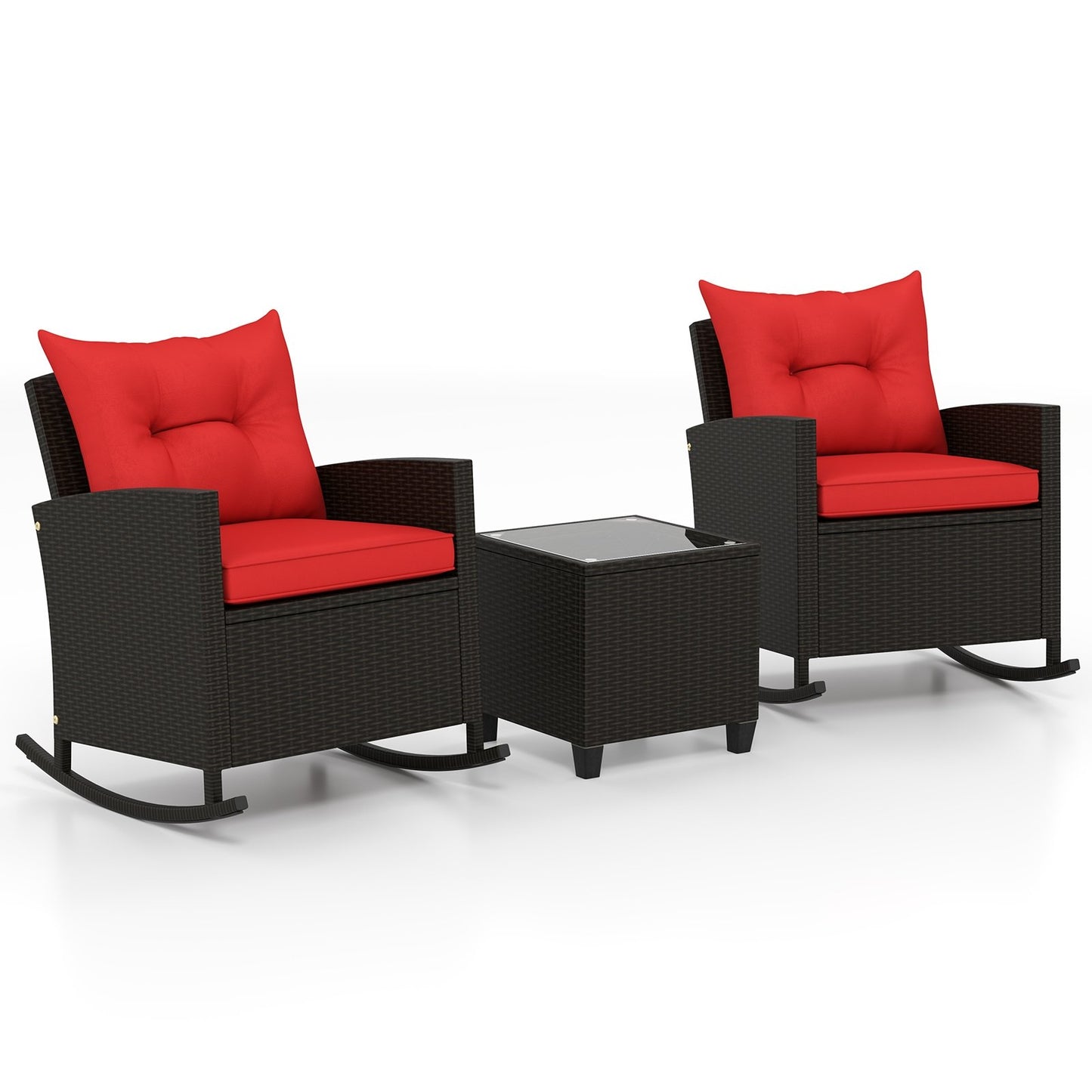 3-Piece Patio Rattan Roker Chairs with Tempered Glass Table and Soft Cushions-Beige